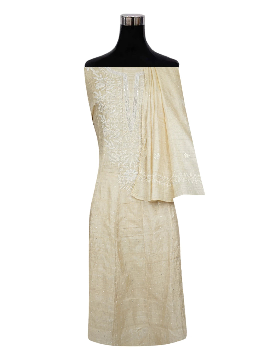 Ada Hand Embroidered Fawn Silk Lucknowi Chikankari Semi-Stitched Anarkali Kurta Dupatta Set With Pearl and Sequinned Work 01A565368