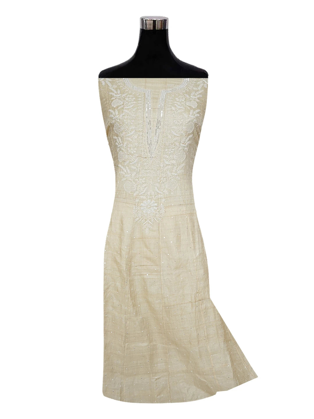 Ada Hand Embroidered Fawn Silk Lucknowi Chikankari Semi-Stitched Anarkali Kurta Dupatta Set With Pearl and Sequinned Work 01A565368