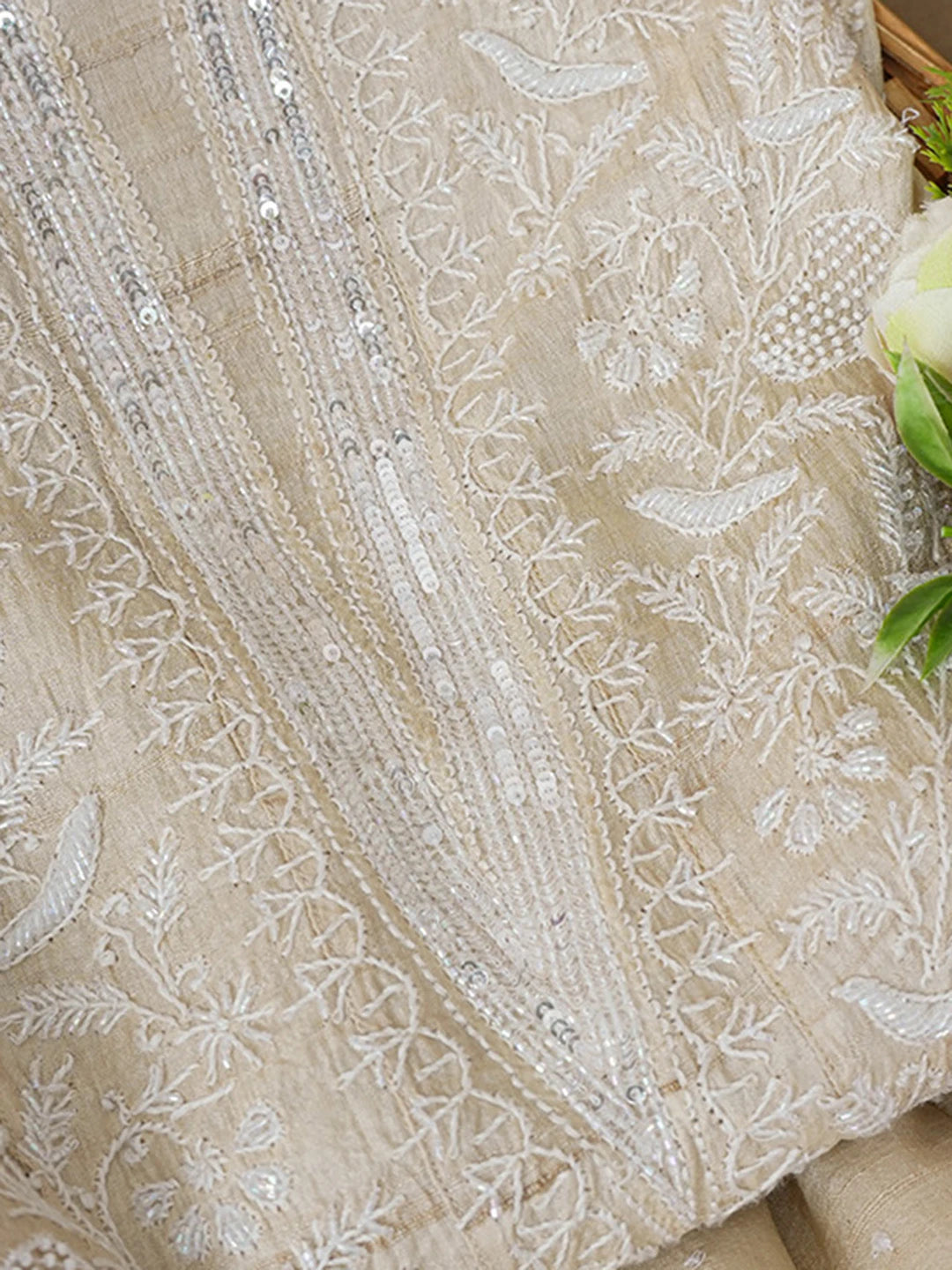 Ada Hand Embroidered Fawn Silk Lucknowi Chikankari Semi-Stitched Anarkali Kurta Dupatta Set With Pearl and Sequinned Work 01A565368