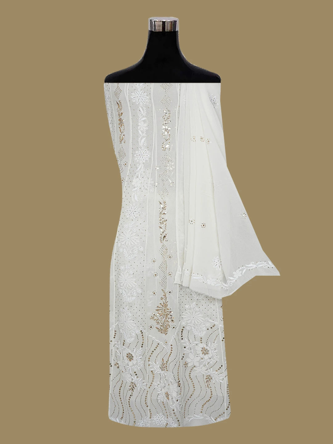 Ada Hand Embroidered Eggshell White Pure Georgette Lucknowi Chikankari Semi-Stitched Anarkali Kurta Dupatta Set With Muqaish Work 01A489131