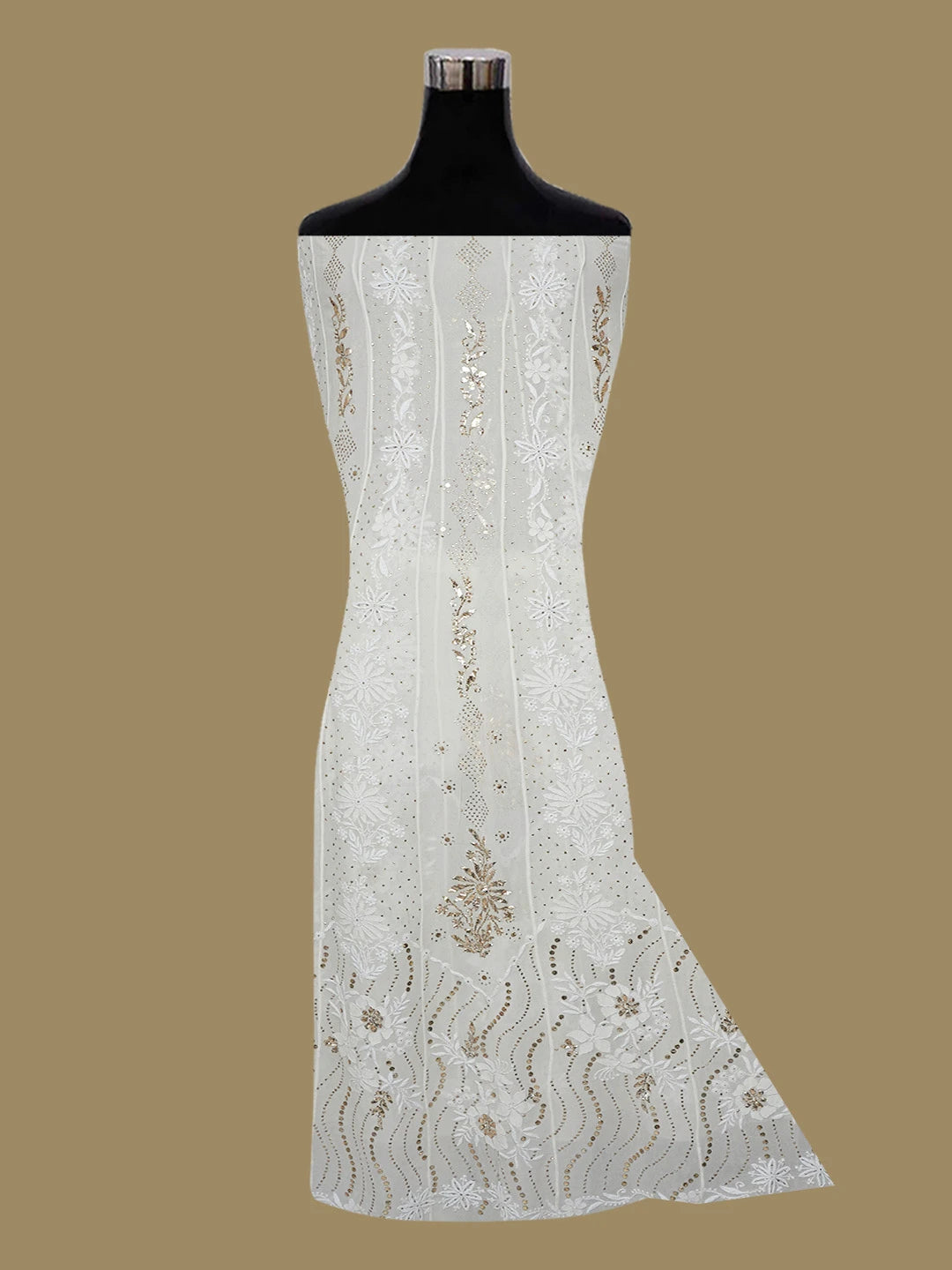 Ada Hand Embroidered Eggshell White Pure Georgette Lucknowi Chikankari Semi-Stitched Anarkali Kurta Dupatta Set With Muqaish Work 01A489131