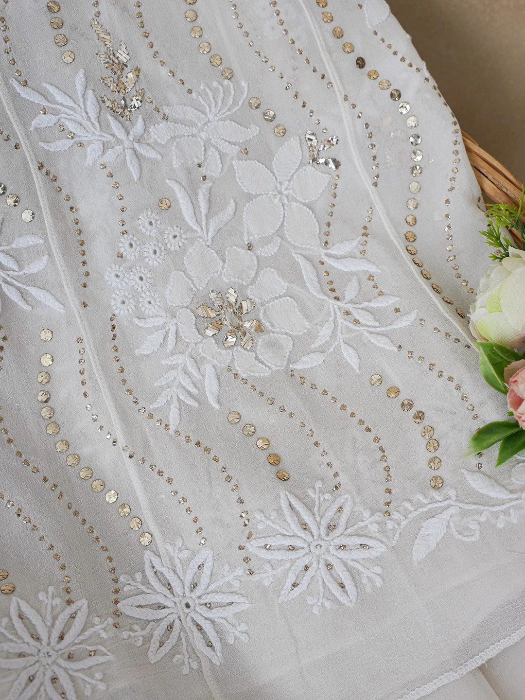 Ada Hand Embroidered Eggshell White Pure Georgette Lucknowi Chikankari Semi-Stitched Anarkali Kurta Dupatta Set With Muqaish Work 01A489131