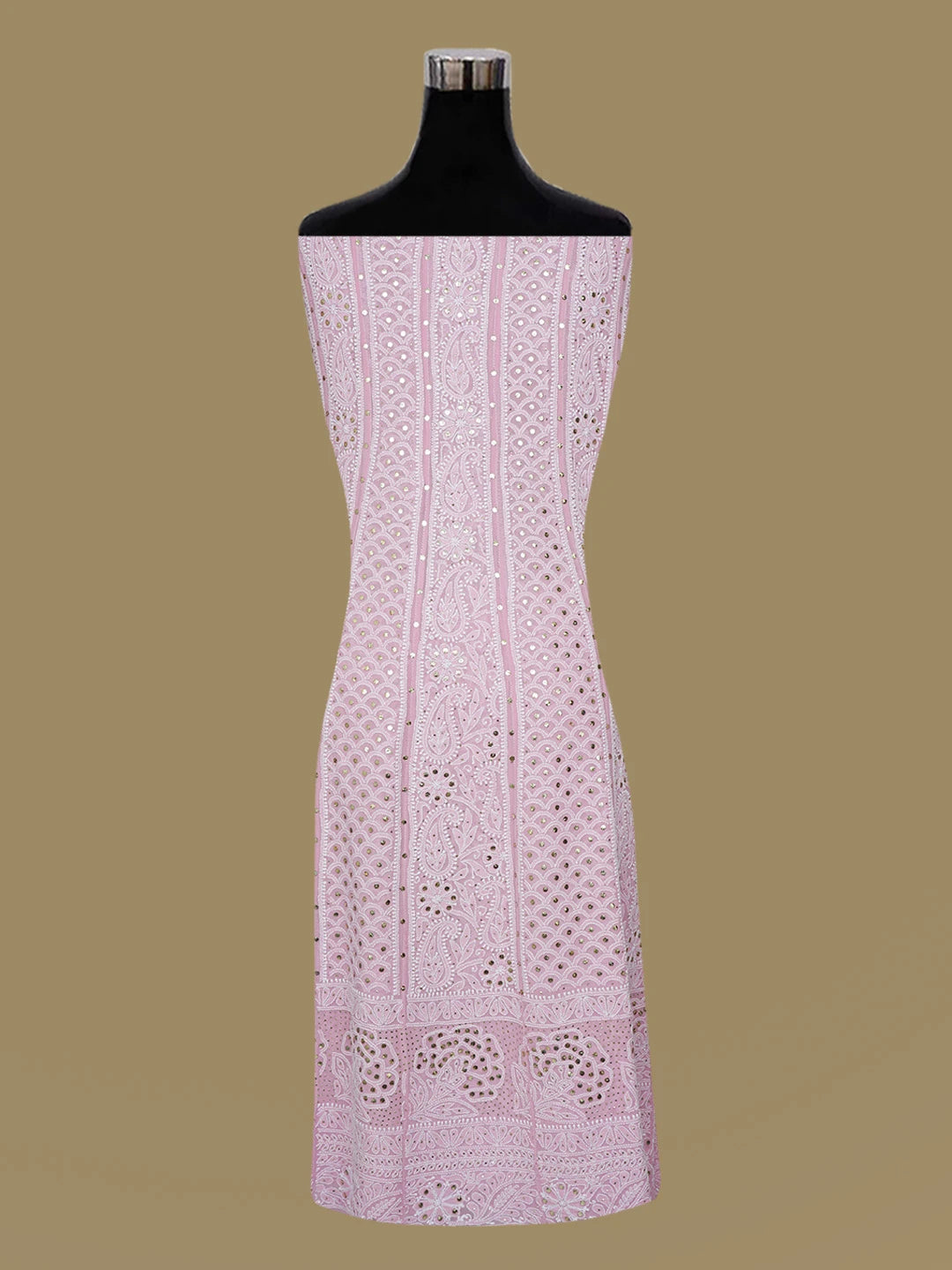 Ada Hand Embroidered Pink Pure Georgette Lucknowi Chikankari Semi-Stitched Anarkali Kurta Dupatta Set With Muqaish/Mukaish Work 01A572505
