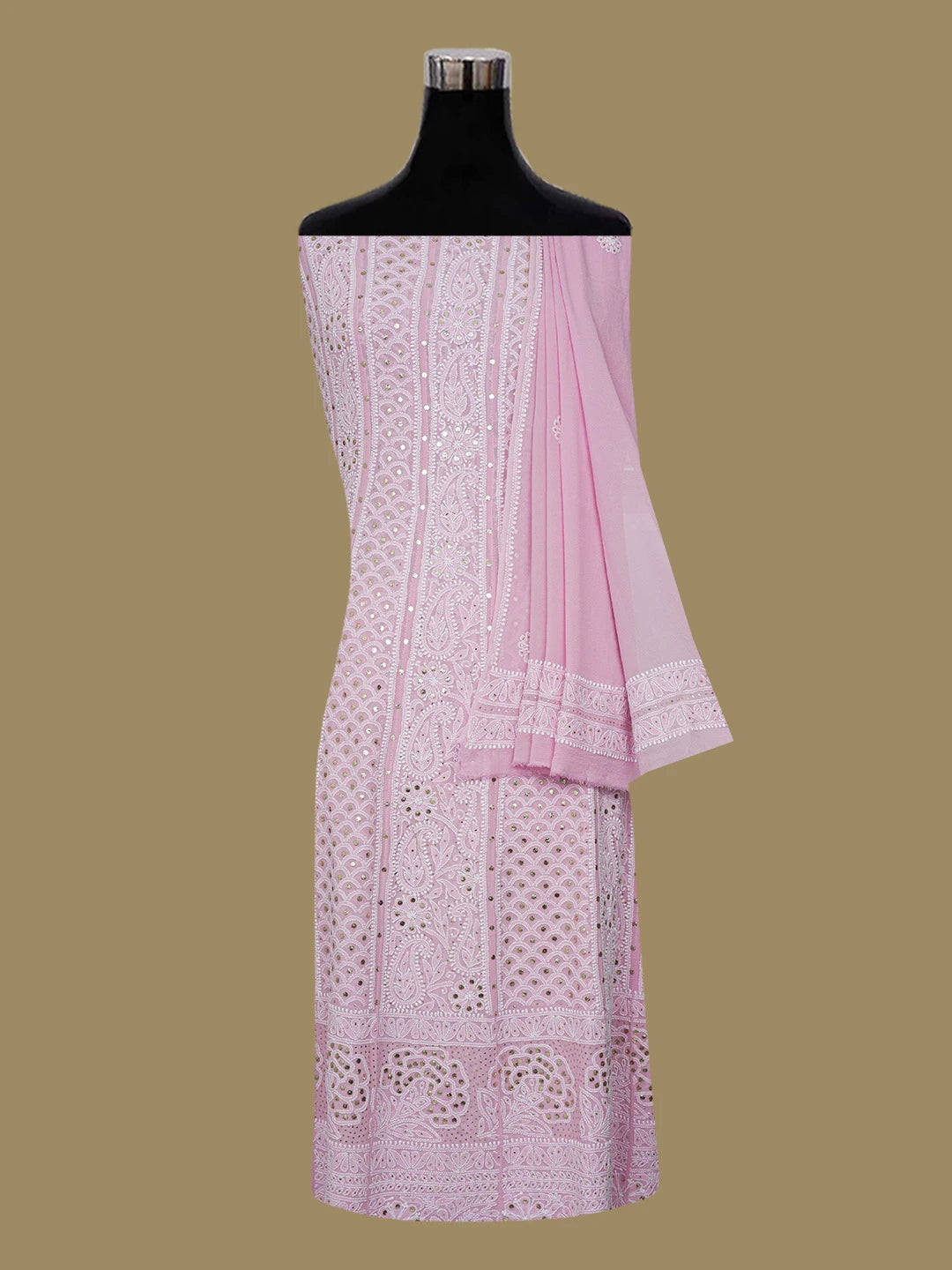 Ada Hand Embroidered Pink Pure Georgette Lucknowi Chikankari Semi-Stitched Anarkali Kurta Dupatta Set With Muqaish/Mukaish Work 01A572505