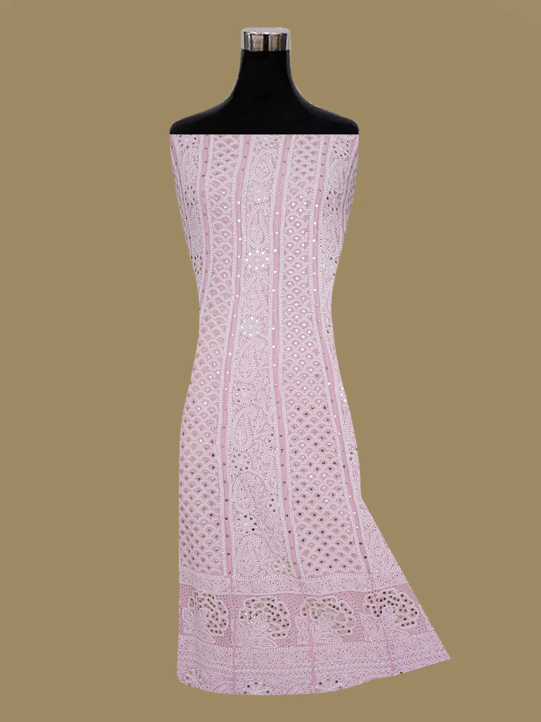 Ada Hand Embroidered Pink Pure Georgette Lucknowi Chikankari Semi-Stitched Anarkali Kurta Dupatta Set With Muqaish/Mukaish Work 01A572505