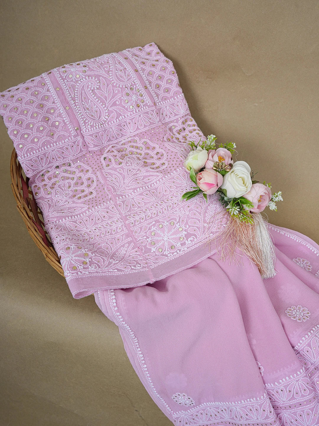 Ada Hand Embroidered Pink Pure Georgette Lucknowi Chikankari Semi-Stitched Anarkali Kurta Dupatta Set With Muqaish/Mukaish Work 01A572505