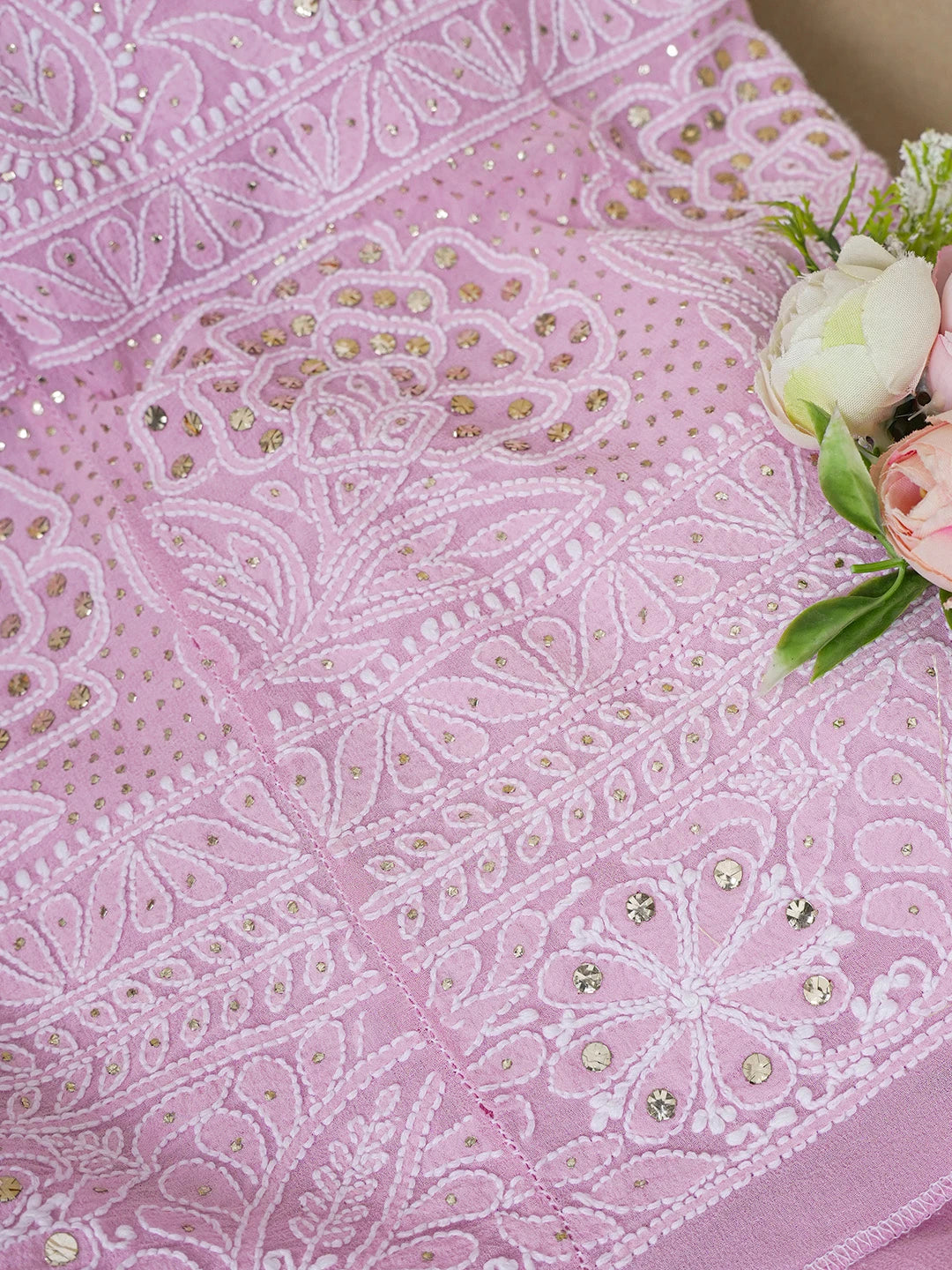 Ada Hand Embroidered Pink Pure Georgette Lucknowi Chikankari Semi-Stitched Anarkali Kurta Dupatta Set With Muqaish/Mukaish Work 01A572505
