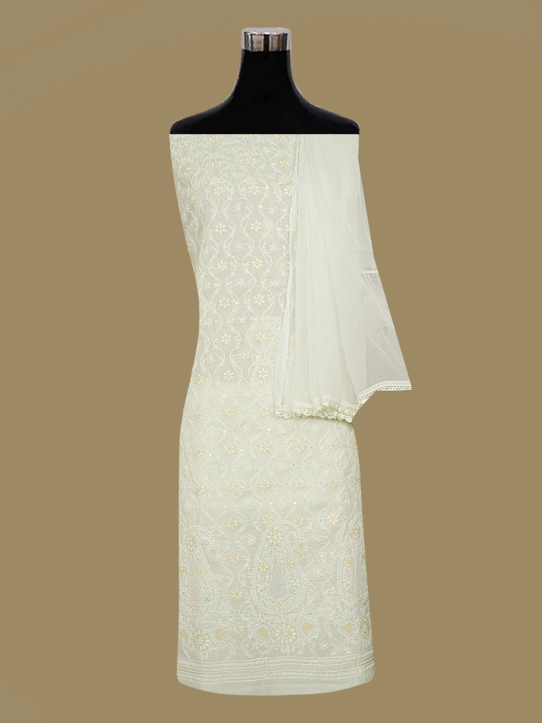 Ada Hand Embroidered Bright Cream Cotton Lucknowi Chikankari Unstitched Suit Piece With Cutdana Work 01A545215