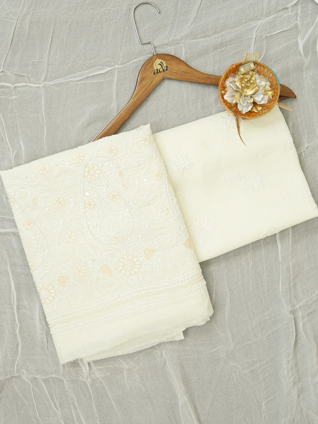 Ada Hand Embroidered Bright Cream Cotton Lucknowi Chikankari Unstitched Suit Piece With Cutdana Work 01A545215