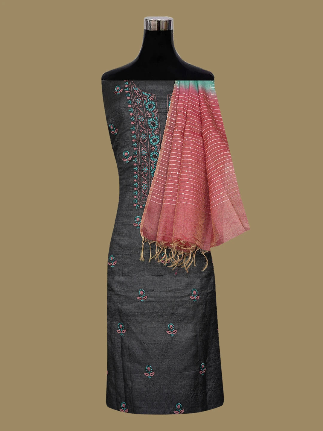 Ada Hand Embroidered Black Silk Lucknowi Chikankari Unstitched Suit Piece 01A591848