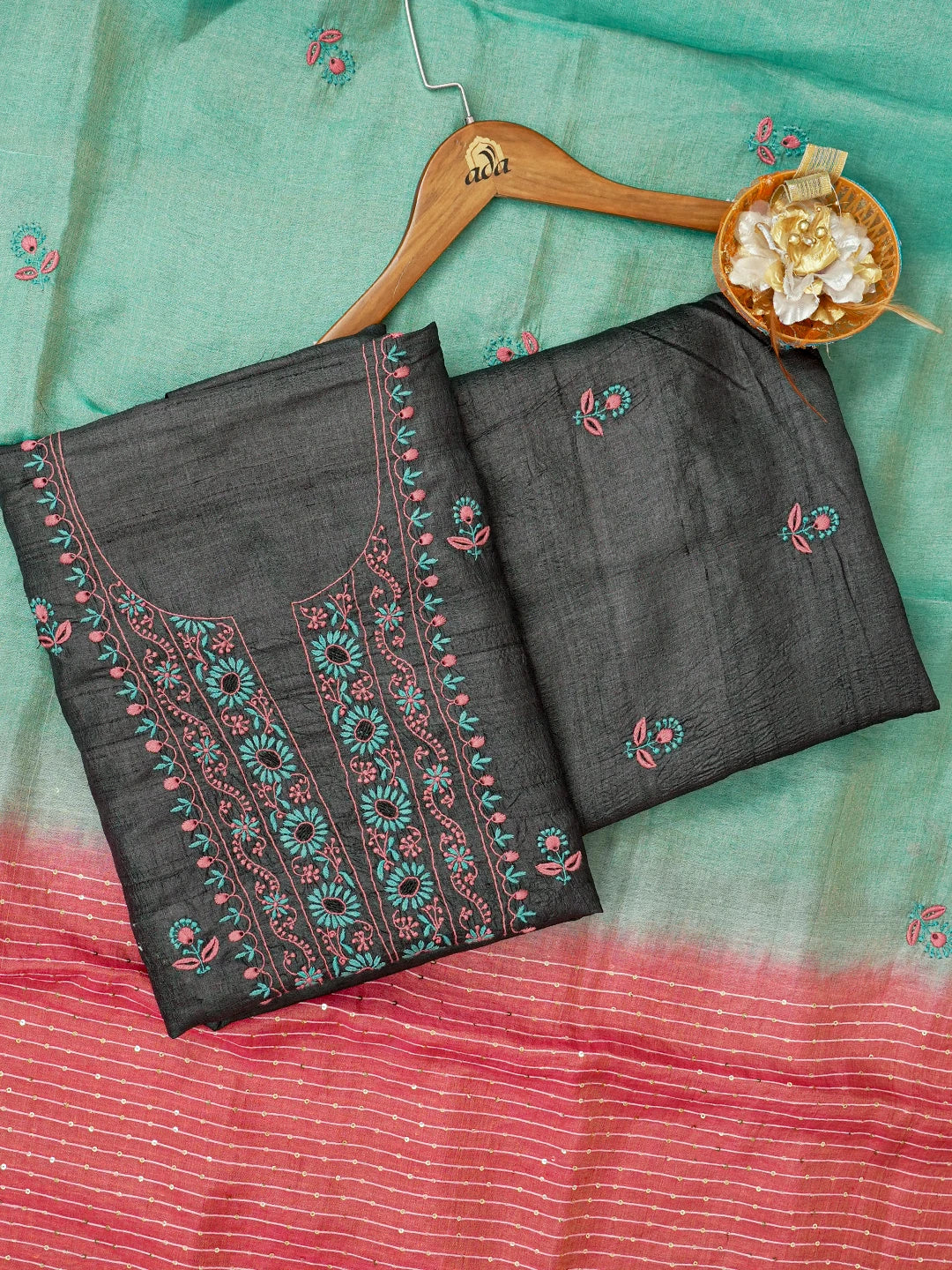 Ada Hand Embroidered Black Silk Lucknowi Chikankari Unstitched Suit Piece 01A591848