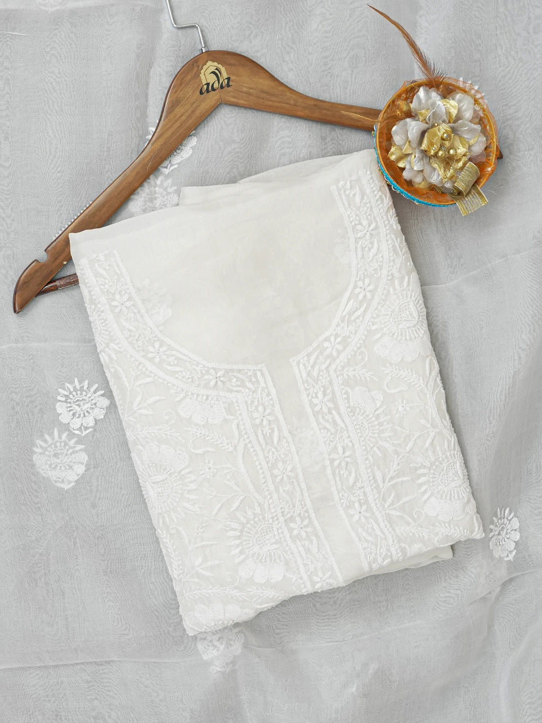 Ada Hand Embroidered White Organza Lucknowi Chikankari Unstitched Kurta Dupatta Set 01A532142