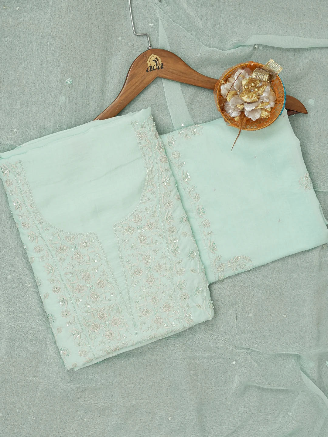 Ada Hand Embroidered Sea Green Muslin Lucknowi Chikankari Unstitched Suit Piece With Sequinned Work 01A452794