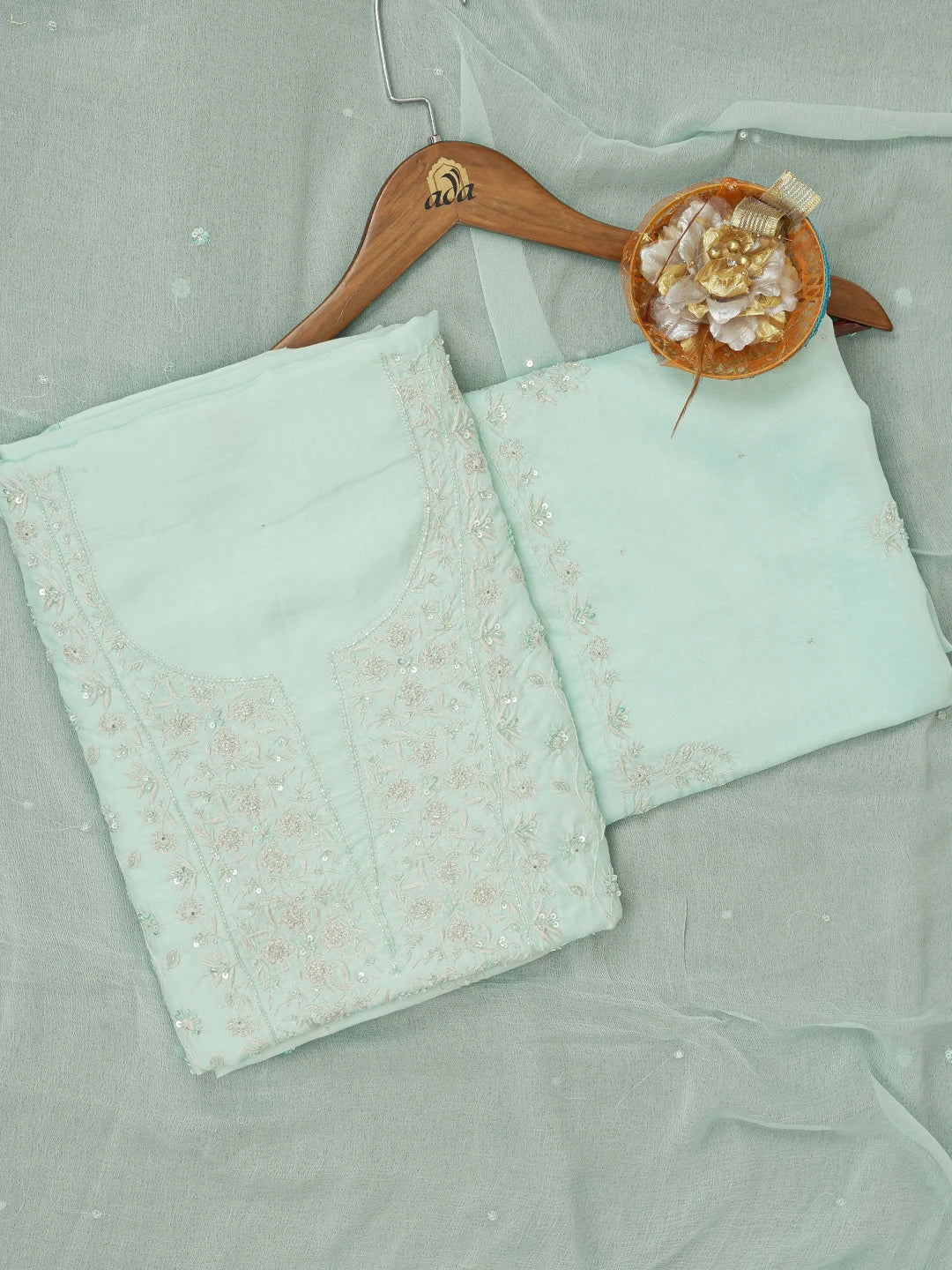 Ada Hand Embroidered Sea Green Muslin Lucknowi Chikankari Unstitched Suit Piece With Sequinned Work 01A452794