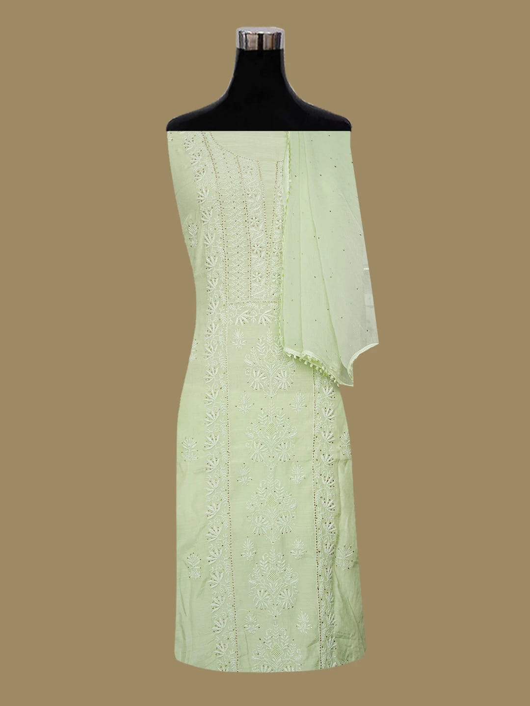 Ada Hand Embroidered Lime Green Maslin Lucknowi Chikankari Unstitched Suit Piece With Muqaish Work 01A470426