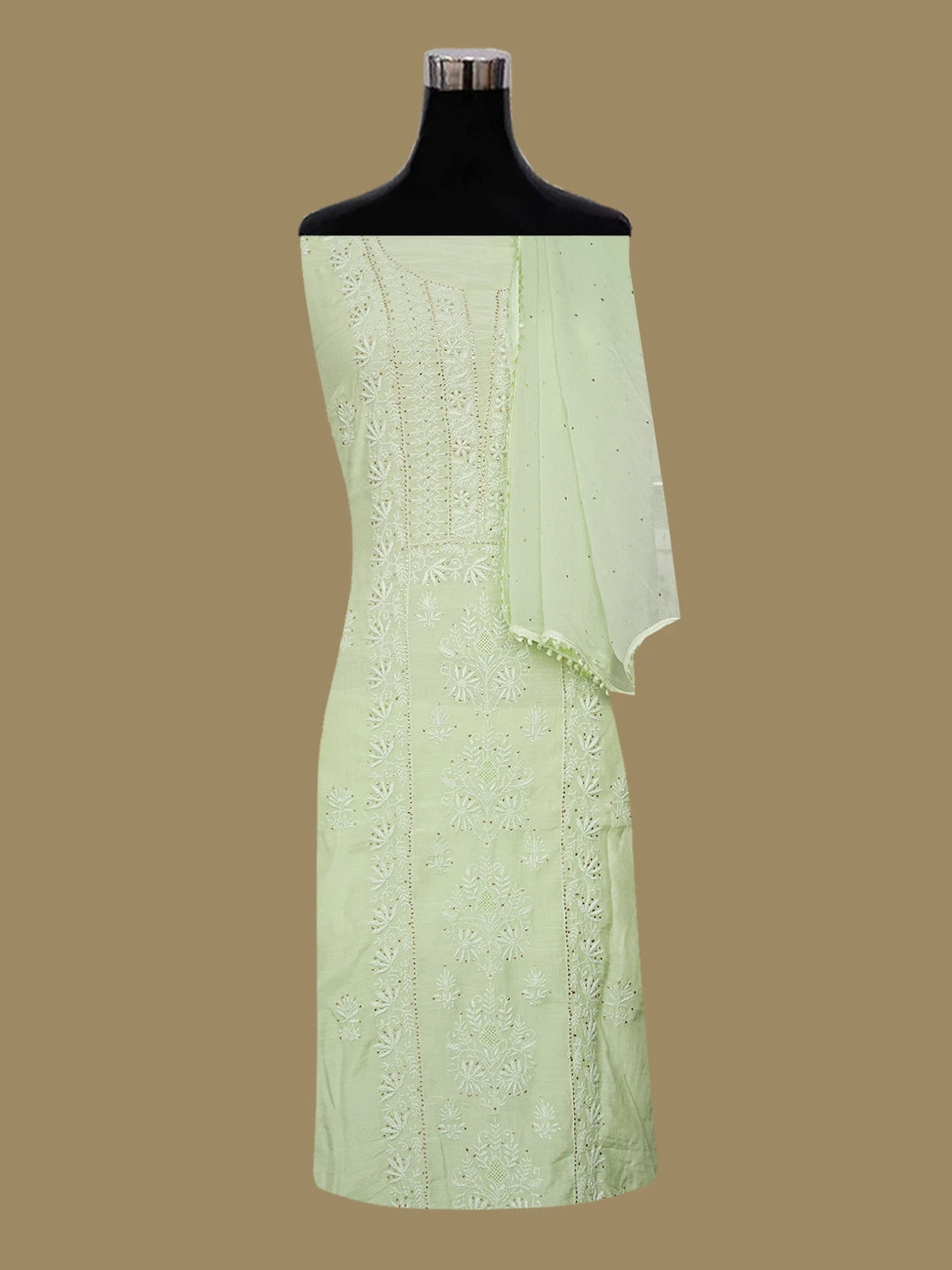 Ada Hand Embroidered Lime Green Maslin Lucknowi Chikankari Unstitched Suit Piece With Muqaish Work 01A470426