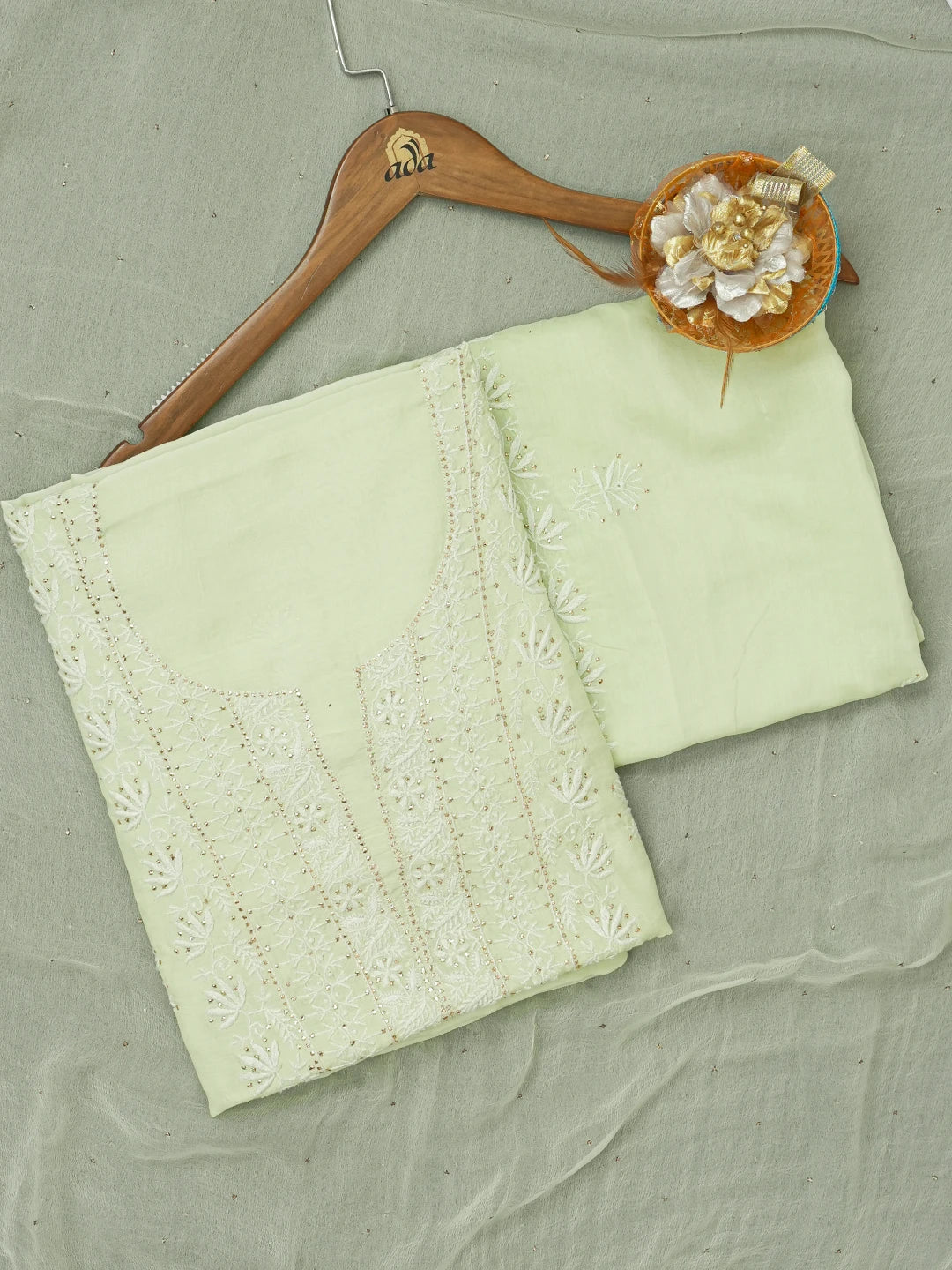 Ada Hand Embroidered Lime Green Maslin Lucknowi Chikankari Unstitched Suit Piece With Muqaish Work 01A470426