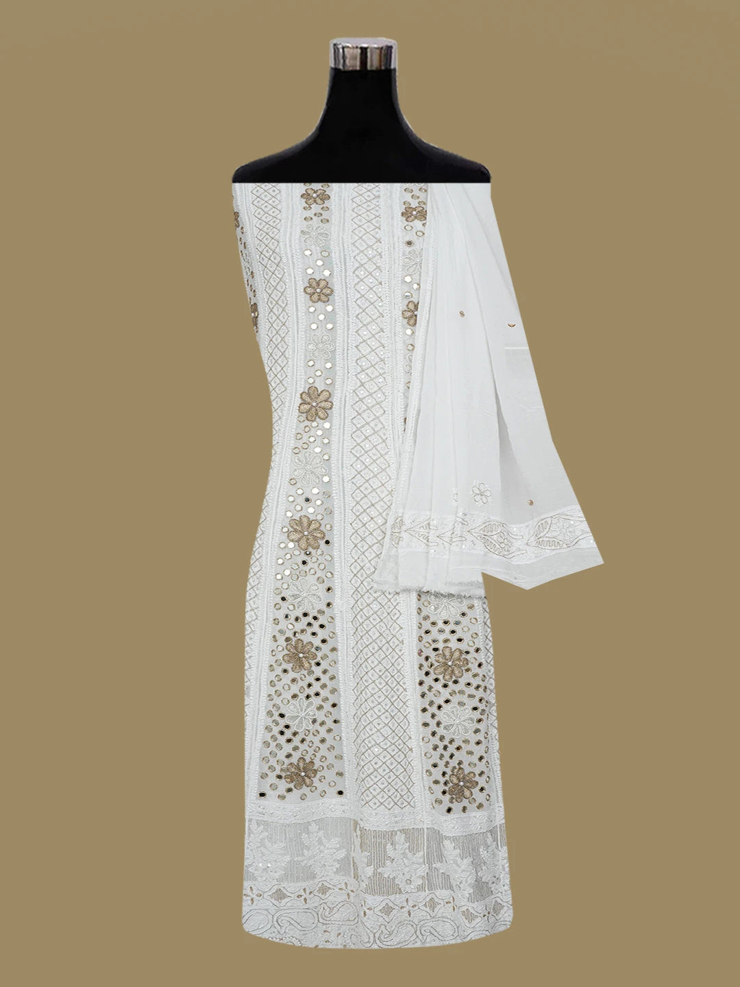 Ada Hand Embroidered White Viscose Georgette Lucknowi Chikankari Semi-Stitched Anarkali Kurta Dupatta Set With Zari Work 01A615779