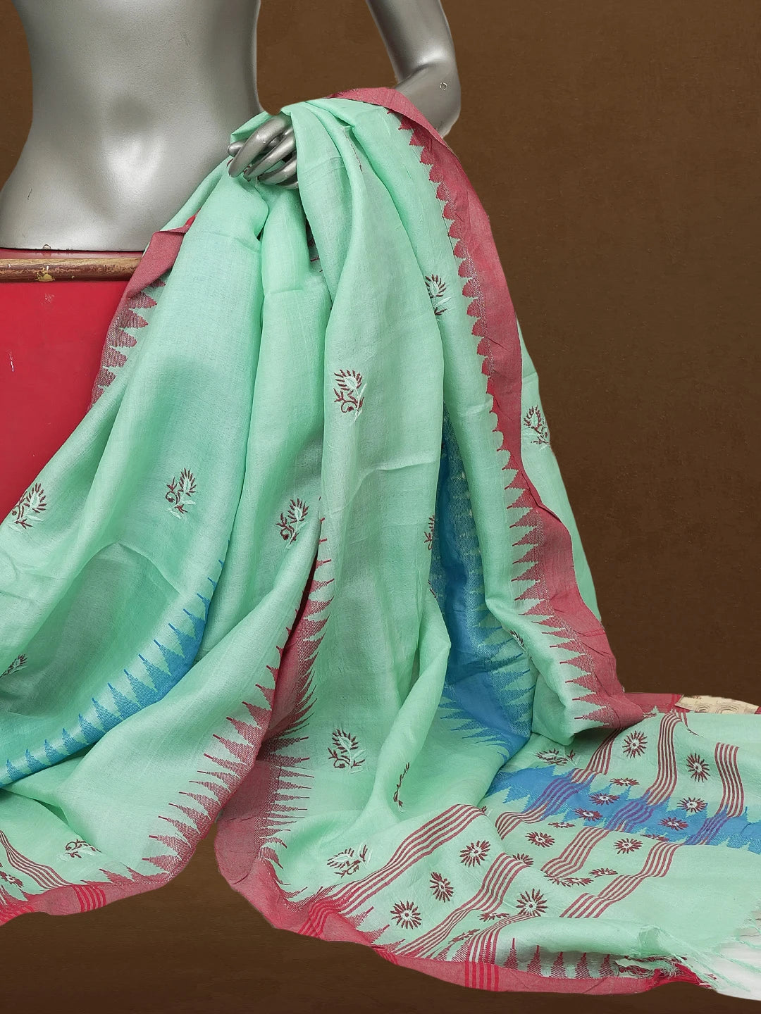 Ada Hand Embroidered Sea Green Tussar Silk Lucknowi Chikankari Dupatta 01A218079