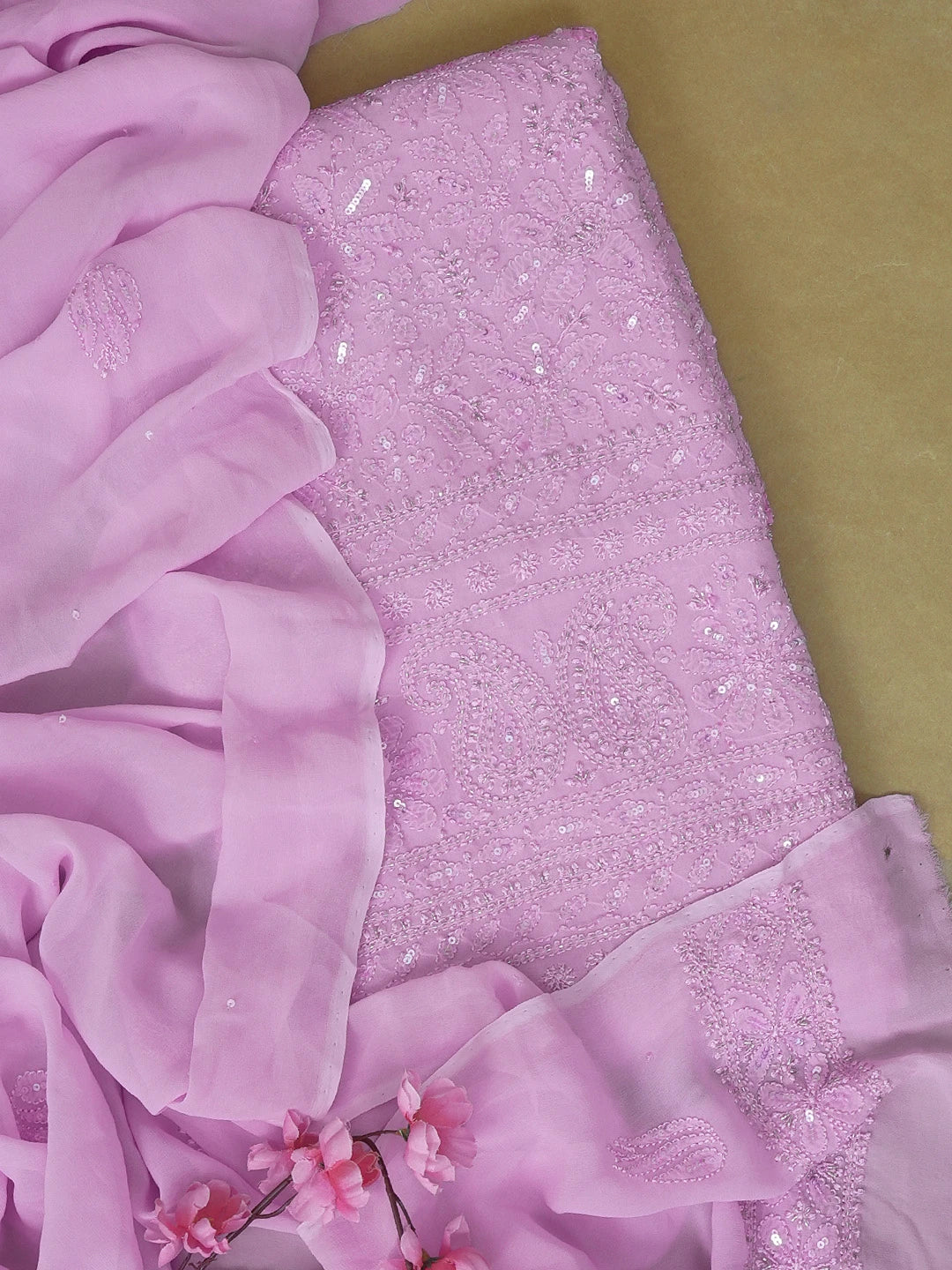 Ada Hand Embroidered Lavender Viscose Georgette Lucknowi Chikankari Unstitched Kurta Dupatta Set With Cutdana and Sequinned Work 01A578914