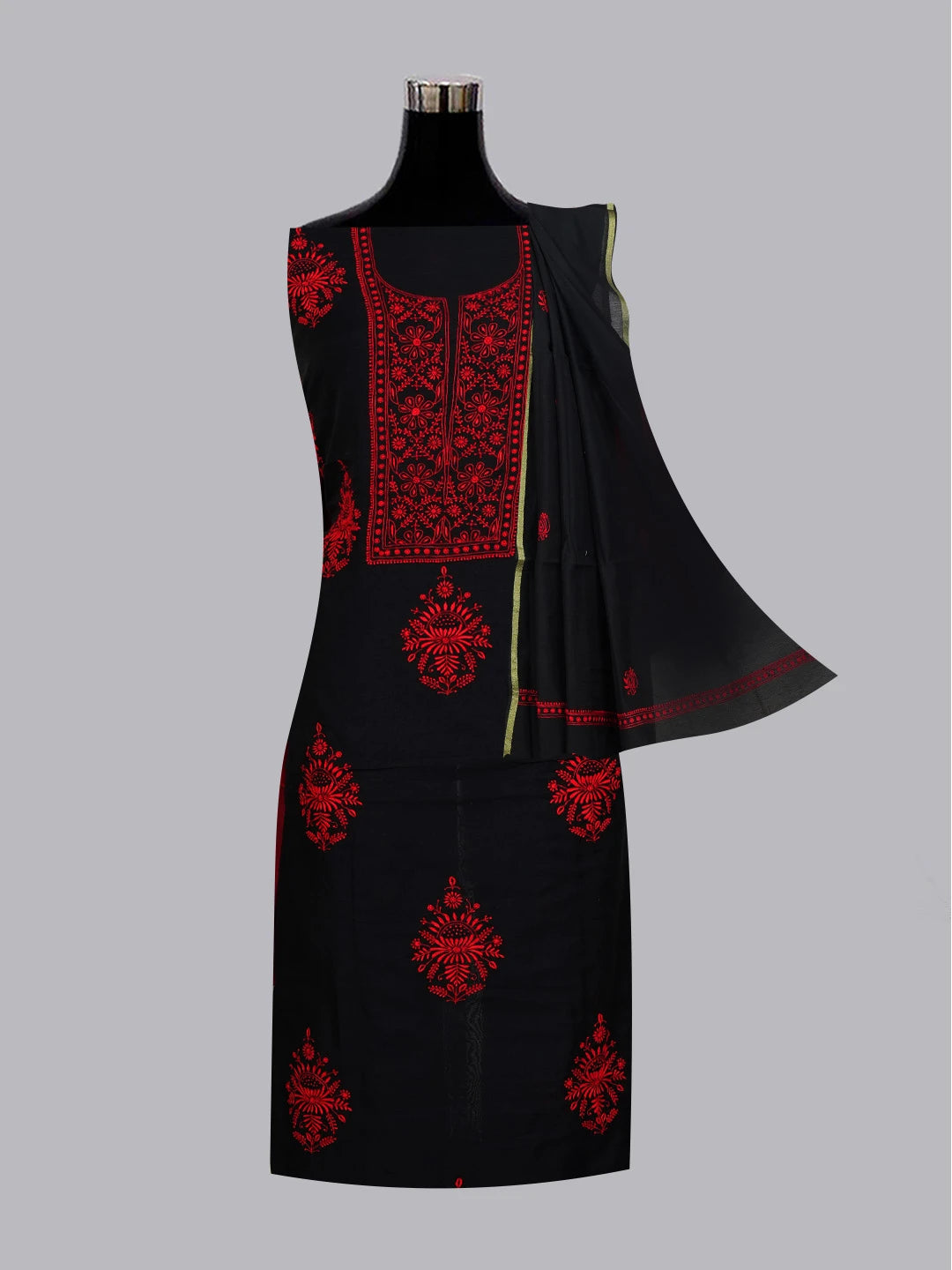 Ada Hand Embroidered Black Chanderi Lucknowi Chikankari Unstitched Kurta Dupatta Set 01A538164