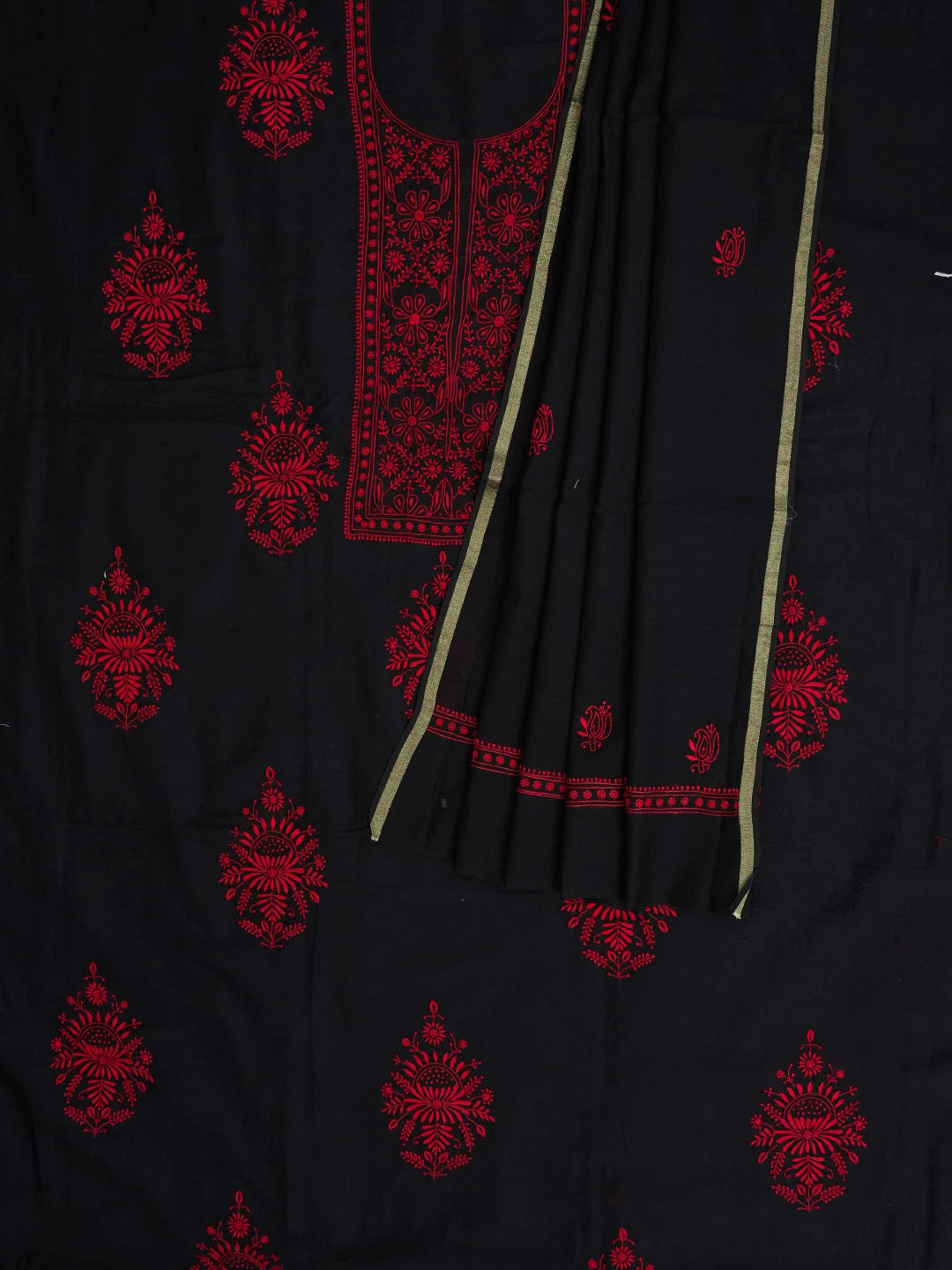 Ada Hand Embroidered Black Chanderi Lucknowi Chikankari Unstitched Kurta Dupatta Set 01A538164