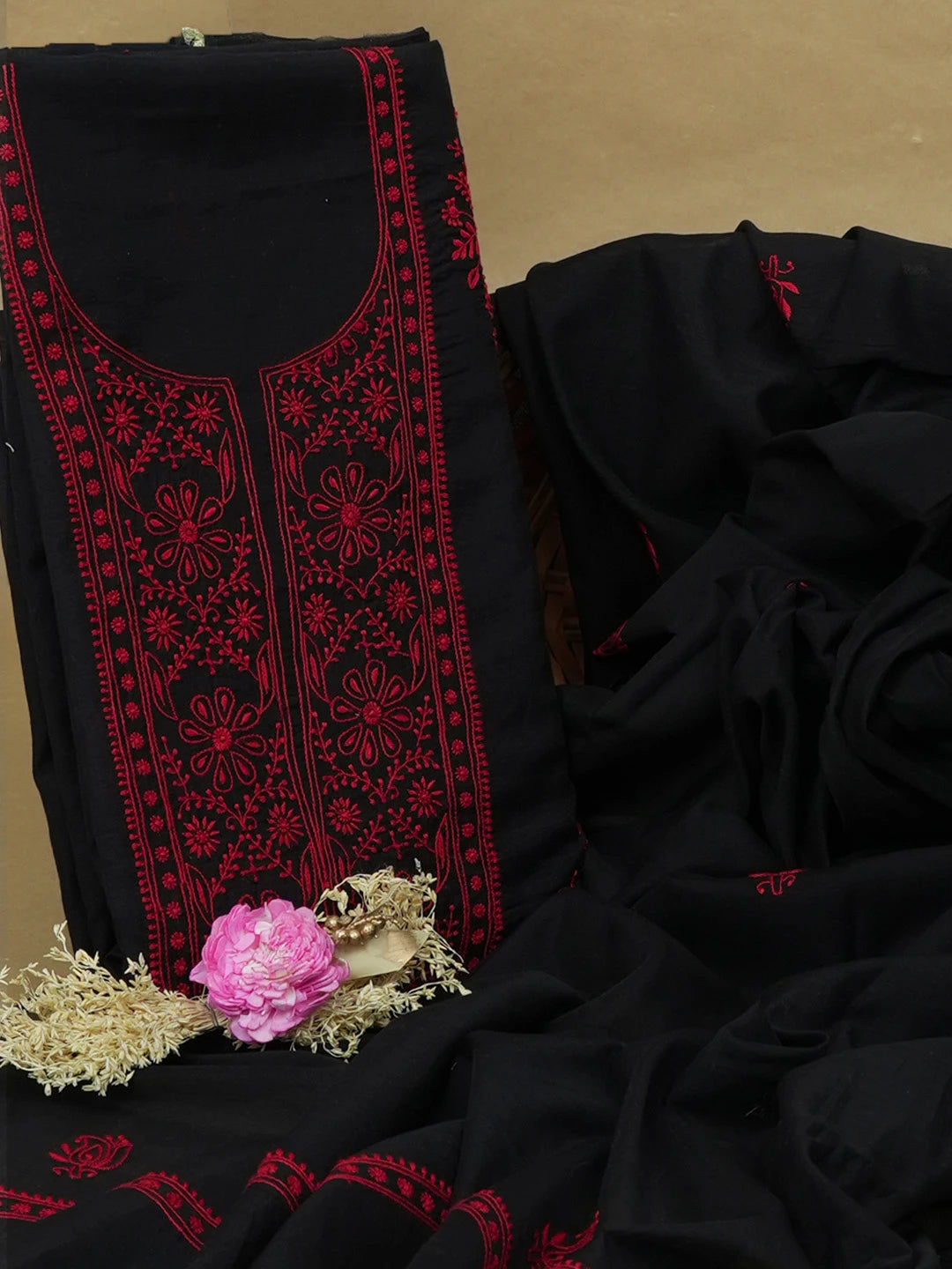 Ada Hand Embroidered Black Chanderi Lucknowi Chikankari Unstitched Kurta Dupatta Set 01A538164