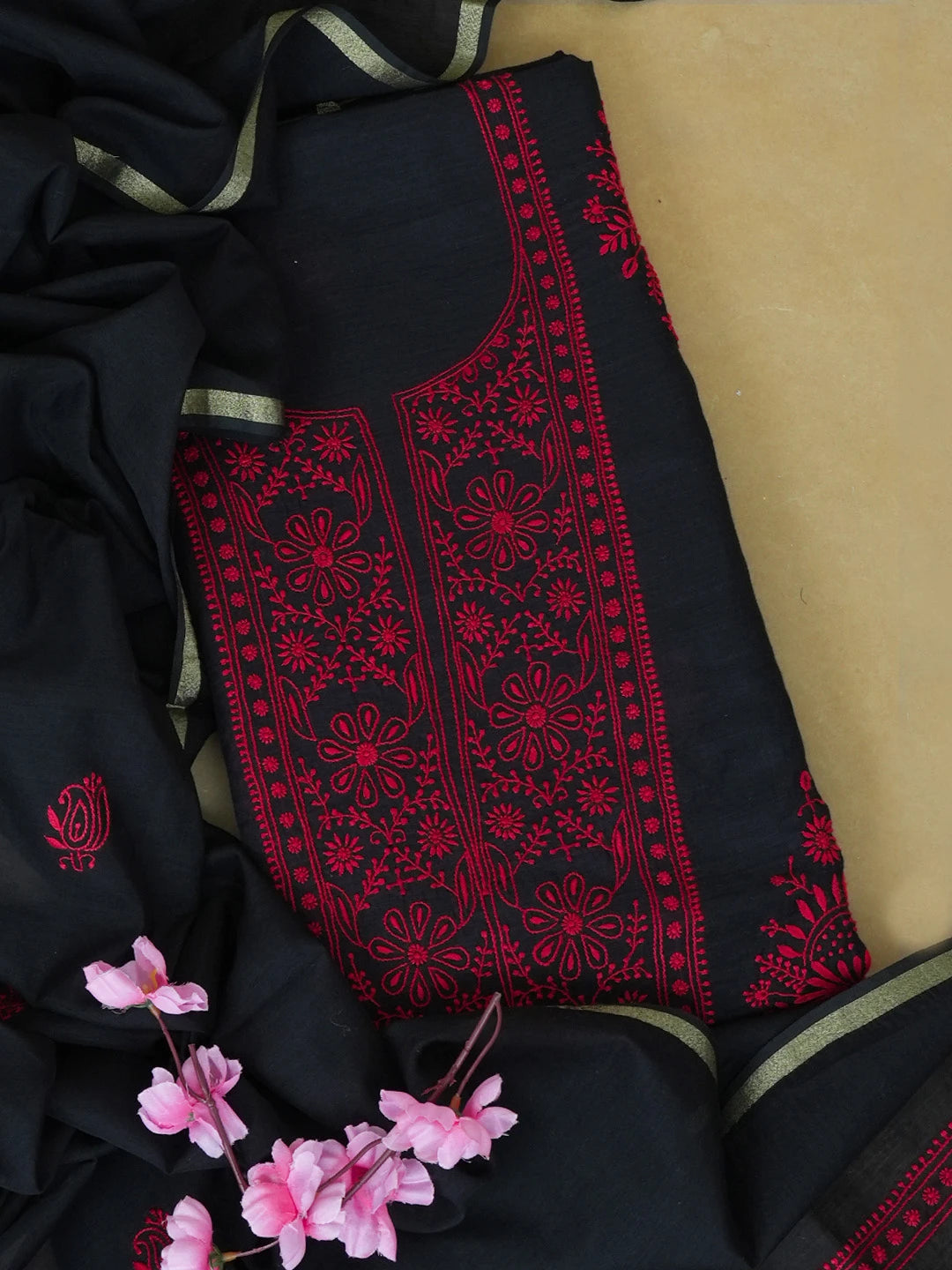 Ada Hand Embroidered Black Chanderi Lucknowi Chikankari Unstitched Kurta Dupatta Set 01A538164