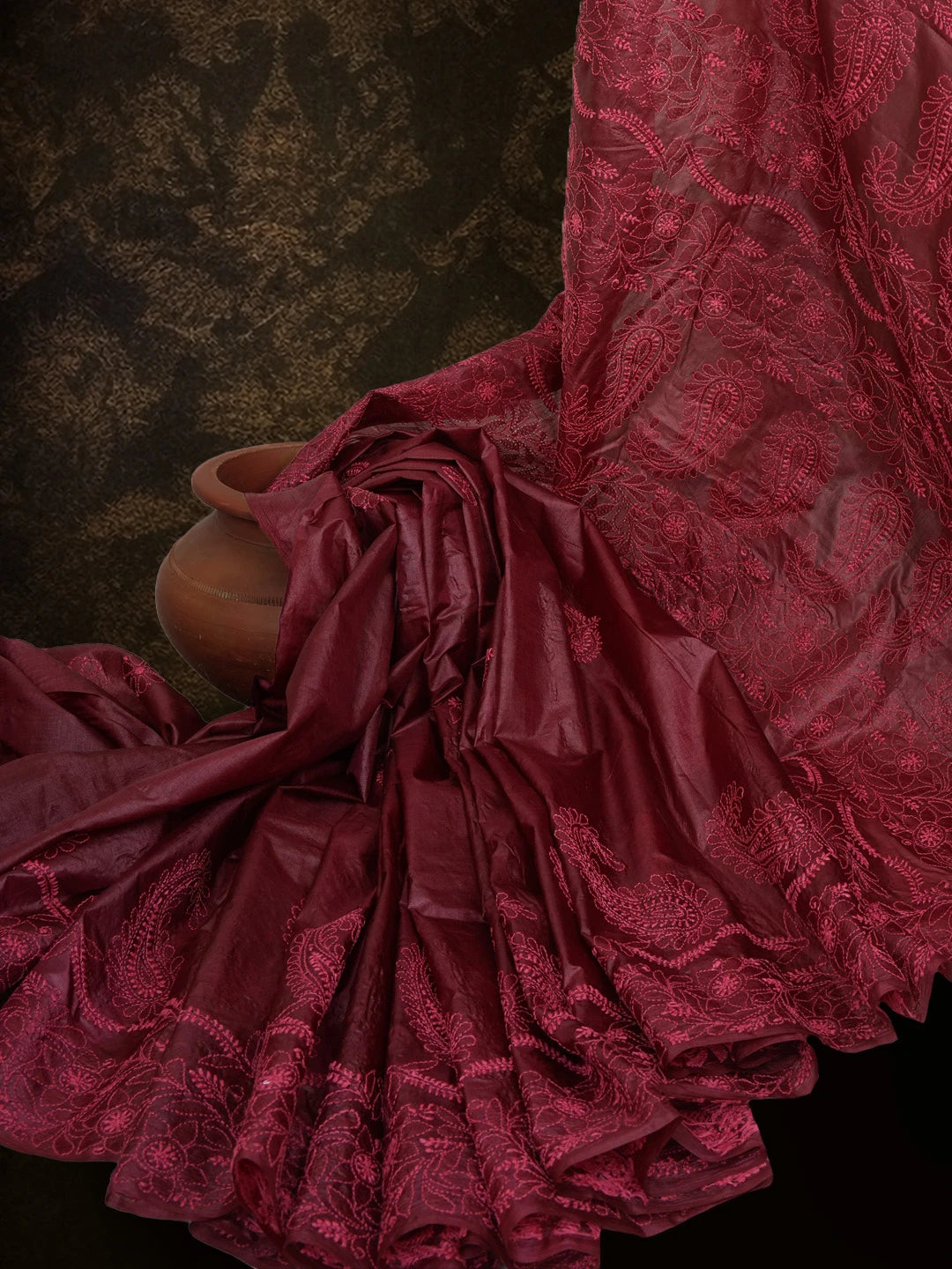 Ada Hand Embroidered Maroon Silk Lucknowi Chikankari Saree With Blouse 01A626997
