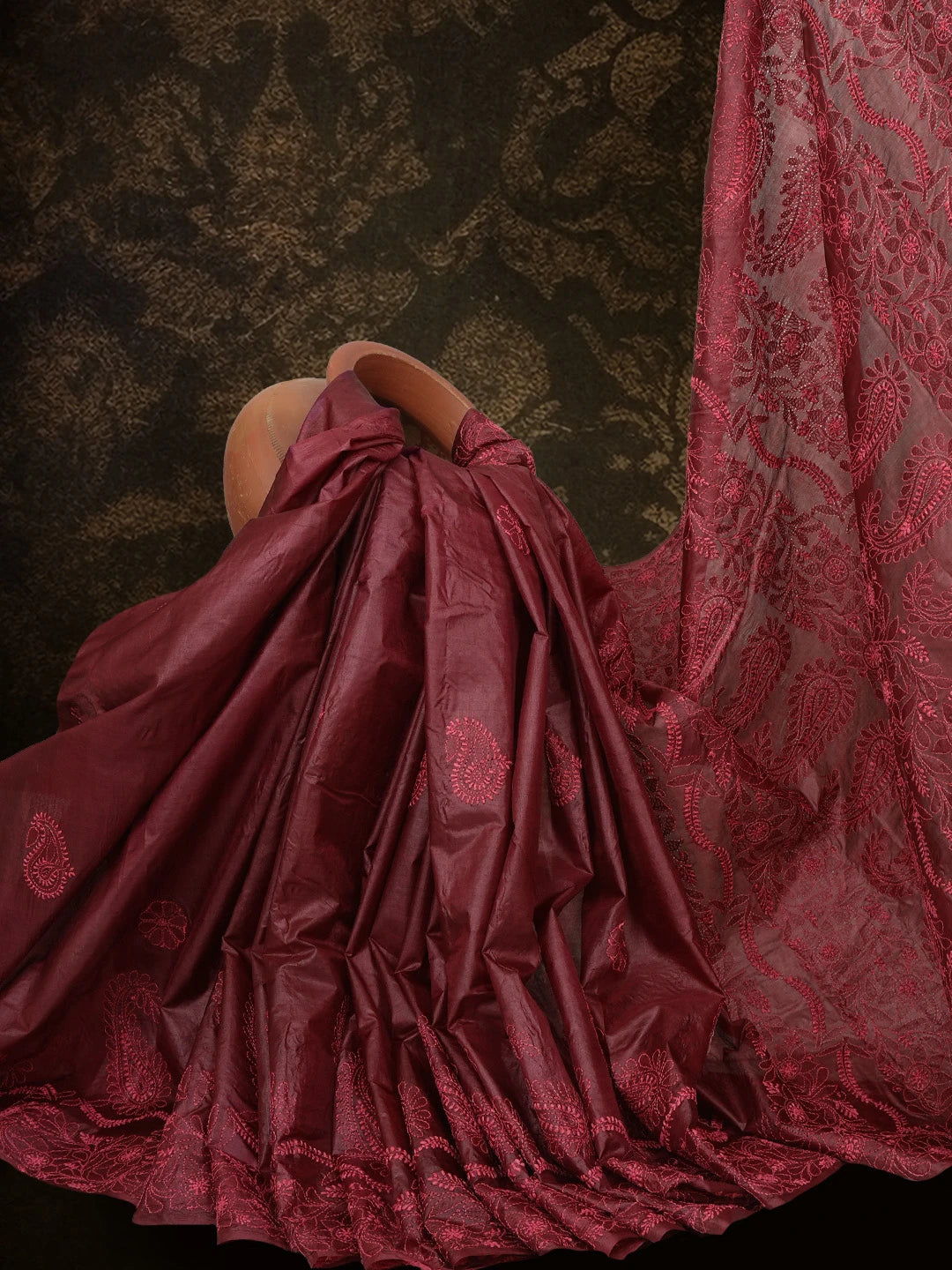 Ada Hand Embroidered Maroon Silk Lucknowi Chikankari Saree With Blouse 01A626997