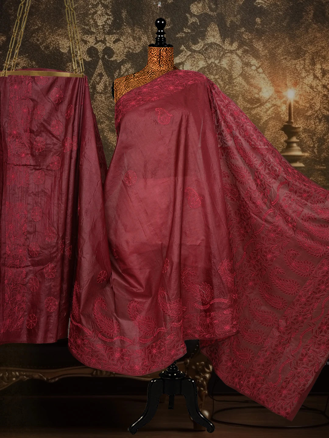 Ada Hand Embroidered Maroon Silk Lucknowi Chikankari Saree With Blouse 01A626997