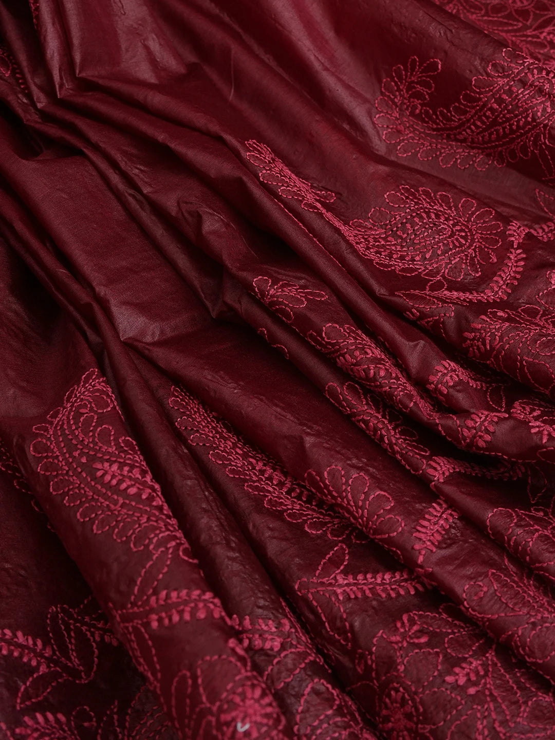 Ada Hand Embroidered Maroon Silk Lucknowi Chikankari Saree With Blouse 01A626997