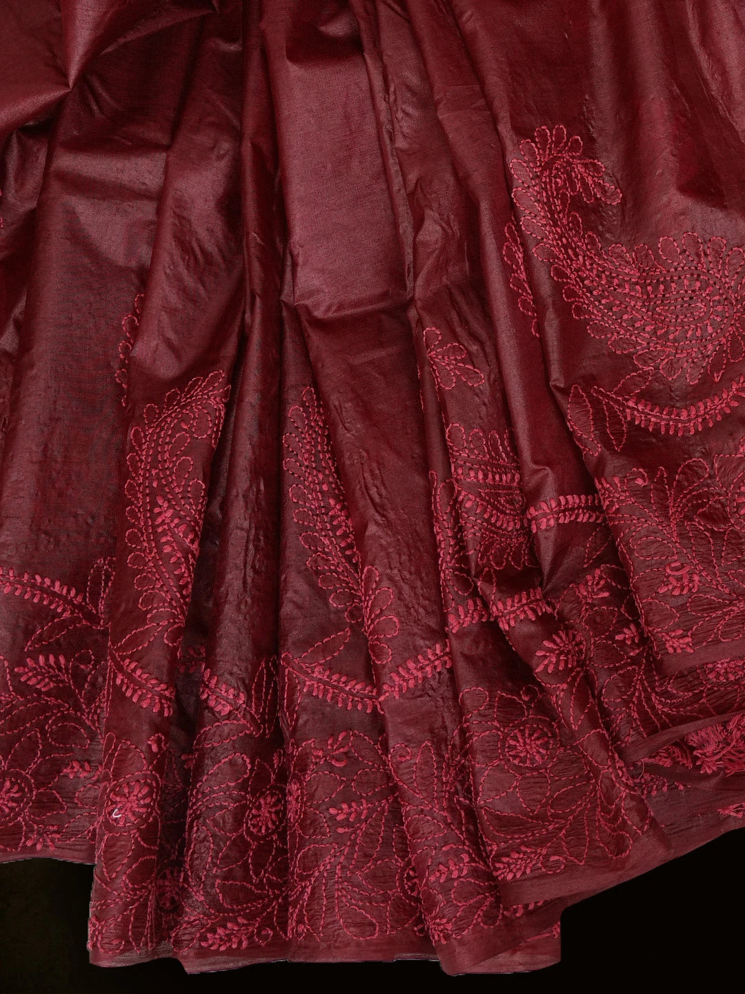 Ada Hand Embroidered Maroon Silk Lucknowi Chikankari Saree With Blouse 01A626997
