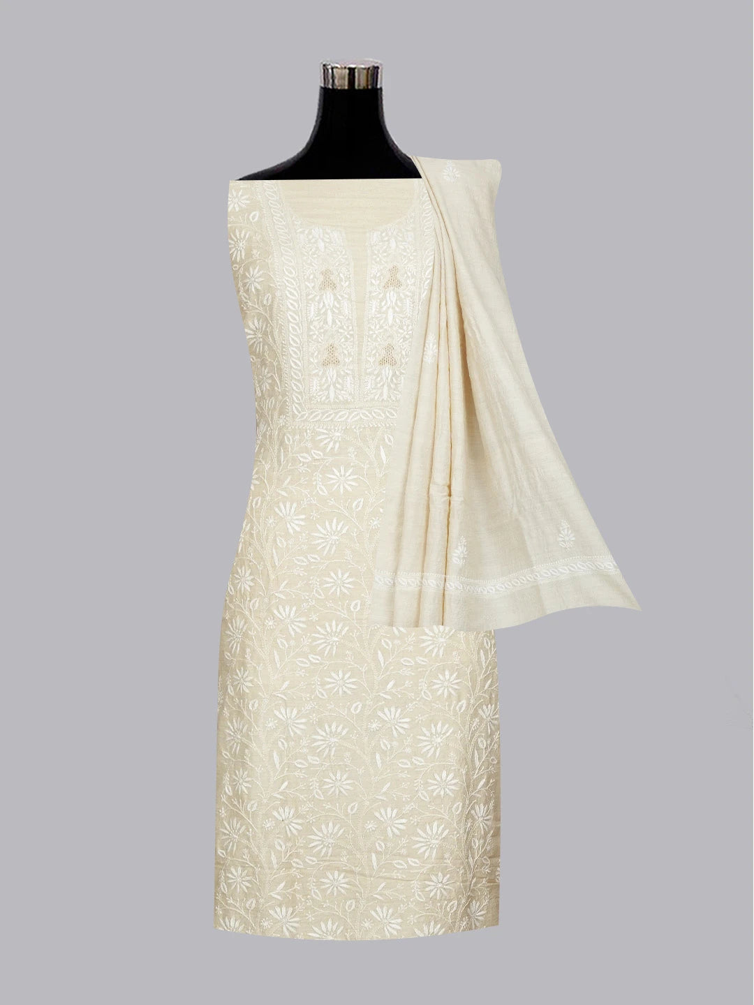 Ada Hand Embroidered Fawn Moonga Silk Lucknowi Chikankari Unstitched Kurta Dupatta Set 01A604494