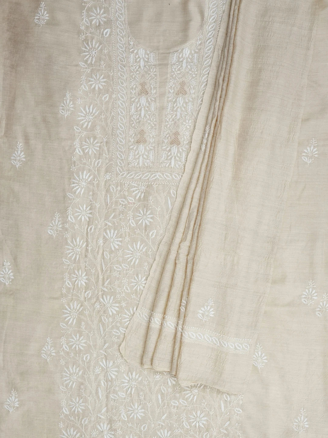 Ada Hand Embroidered Fawn Moonga Silk Lucknowi Chikankari Unstitched Kurta Dupatta Set 01A604494
