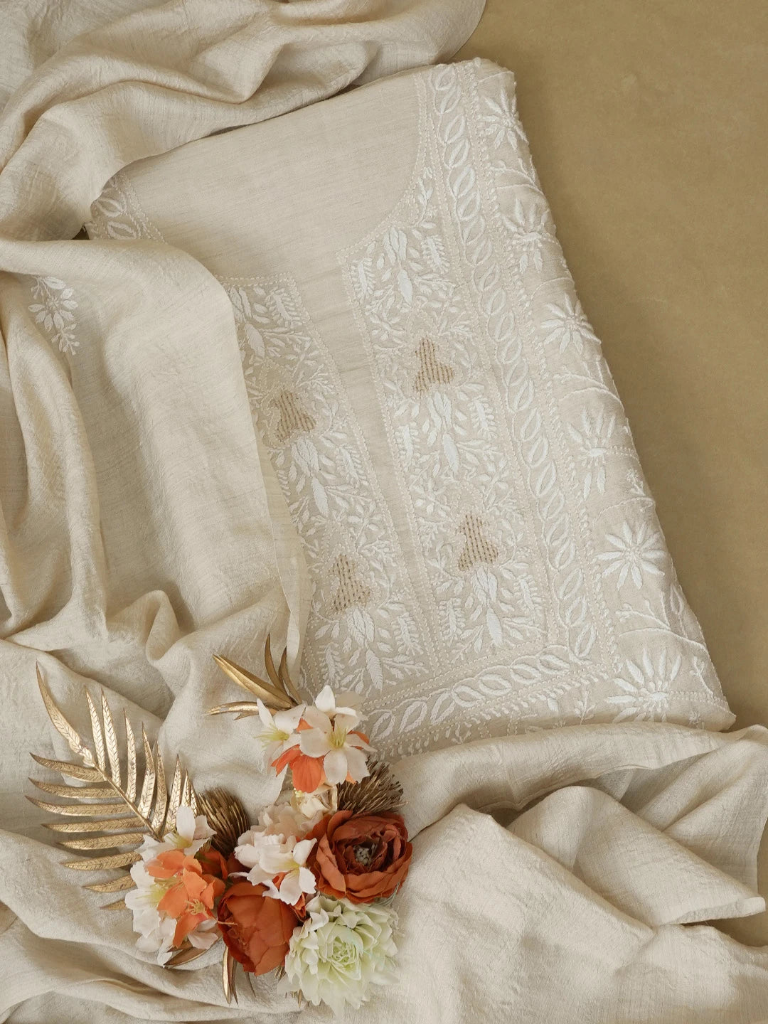 Ada Hand Embroidered Fawn Moonga Silk Lucknowi Chikankari Unstitched Kurta Dupatta Set 01A604494