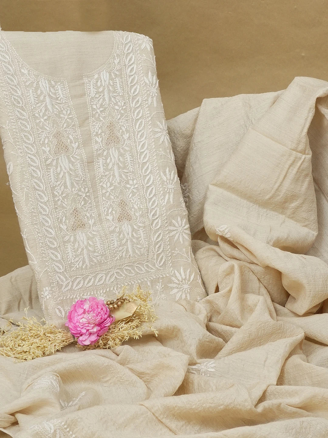 Ada Hand Embroidered Fawn Moonga Silk Lucknowi Chikankari Unstitched Kurta Dupatta Set 01A604494