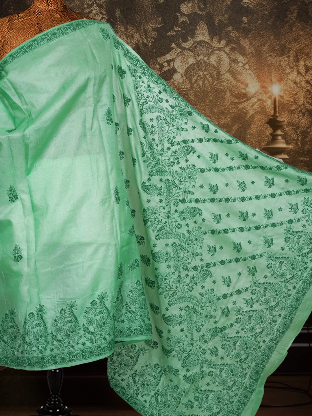 Ada Hand Embroidered Seafoam Green Silk Lucknowi Chikankari Saree With Blouse 01A627004
