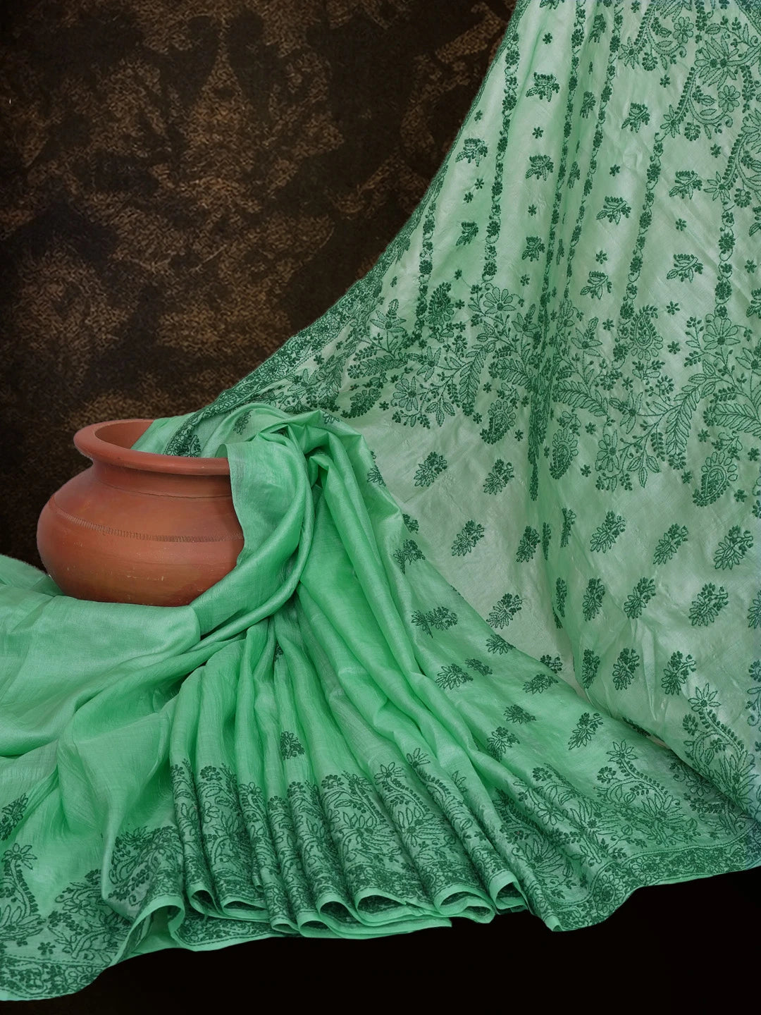 Ada Hand Embroidered Seafoam Green Silk Lucknowi Chikankari Saree With Blouse 01A627004