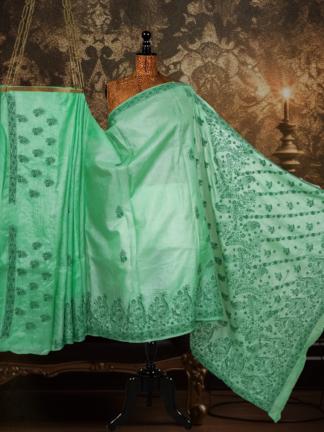 Ada Hand Embroidered Seafoam Green Silk Lucknowi Chikankari Saree With Blouse 01A627004