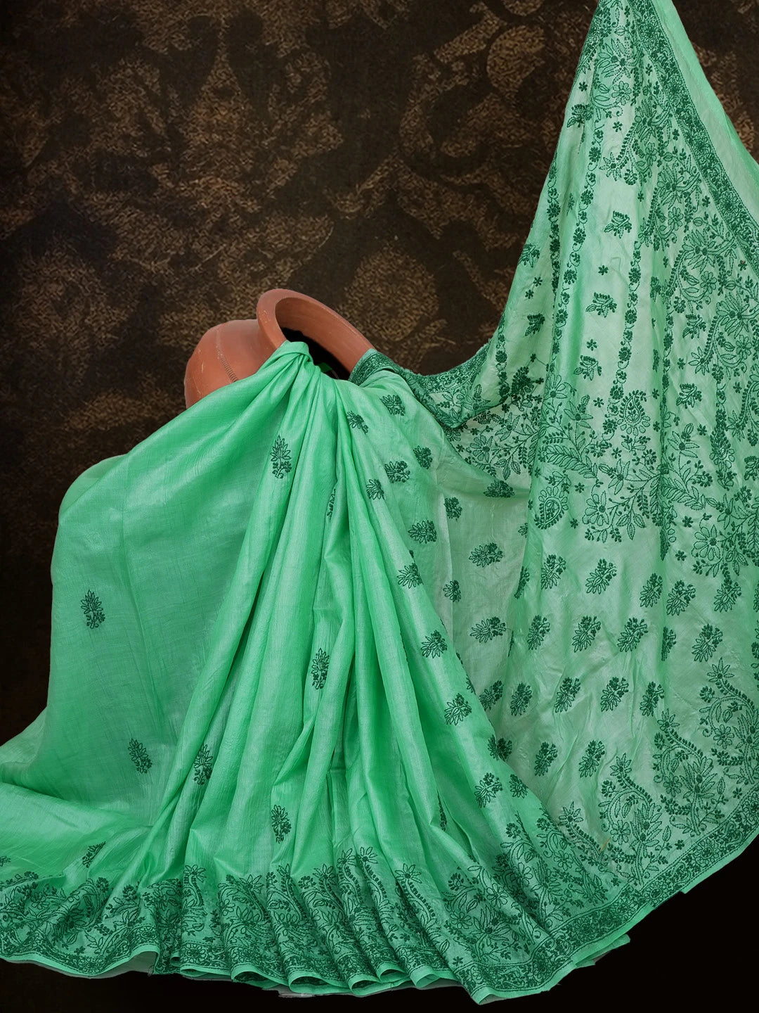 Ada Hand Embroidered Seafoam Green Silk Lucknowi Chikankari Saree With Blouse 01A627004
