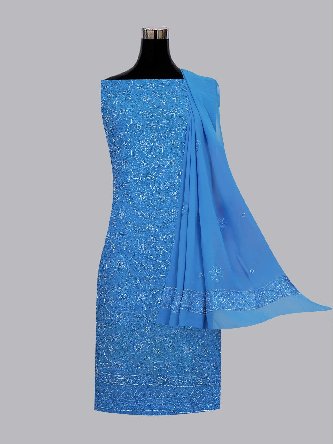 Ada Hand Embroidered Royal Blue Viscose Georgette Lucknowi Chikankari Unstitched Kurta Dupatta Set With Cutdana Work 01A446860