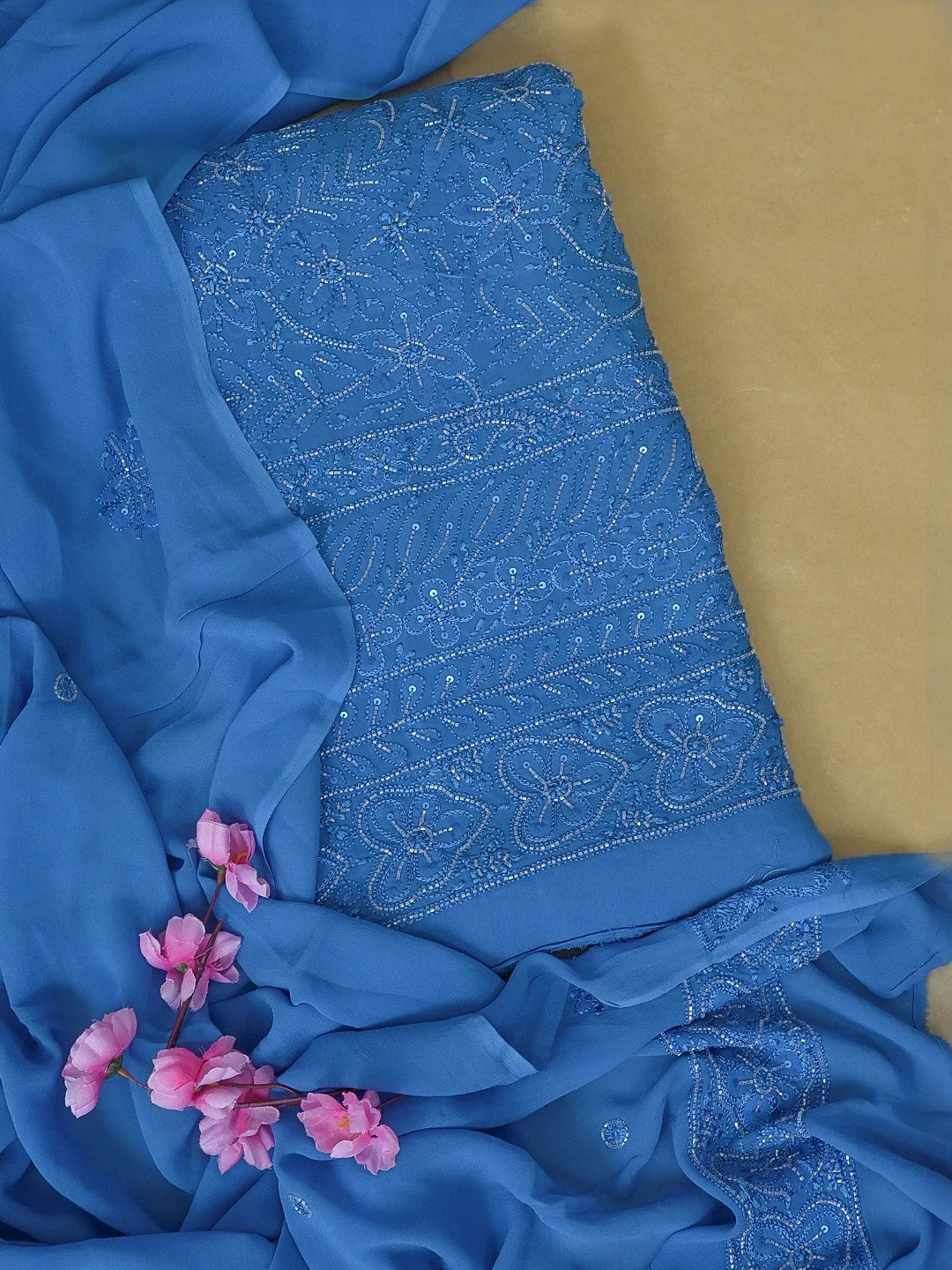 Ada Hand Embroidered Royal Blue Viscose Georgette Lucknowi Chikankari Unstitched Kurta Dupatta Set With Cutdana Work 01A446860