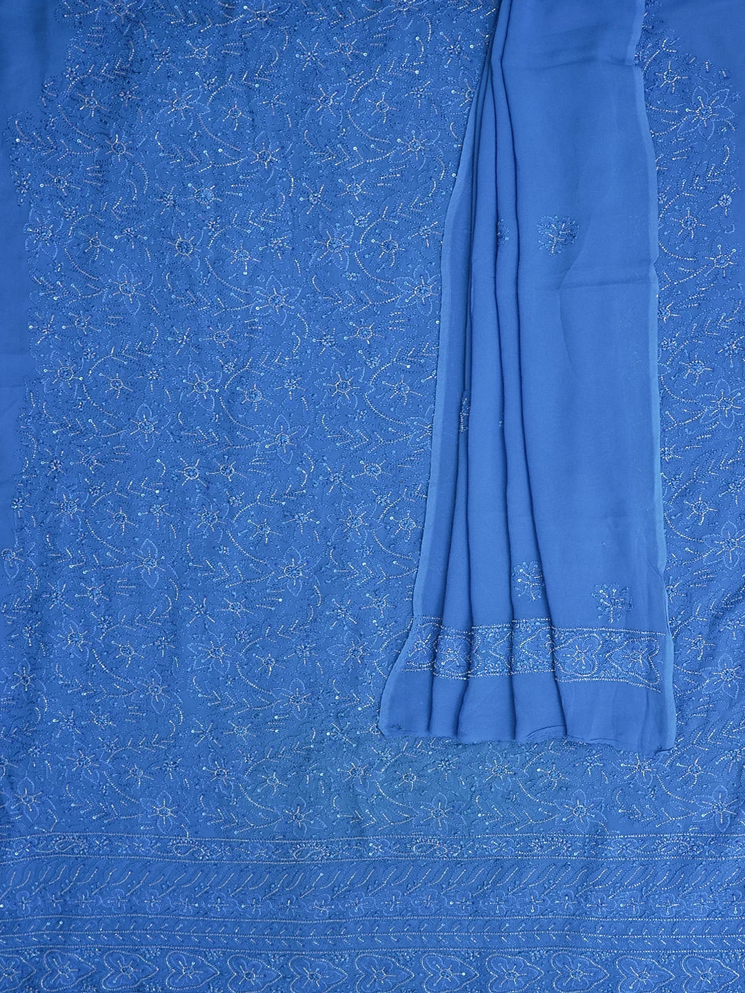 Ada Hand Embroidered Royal Blue Viscose Georgette Lucknowi Chikankari Unstitched Kurta Dupatta Set With Cutdana Work 01A446860