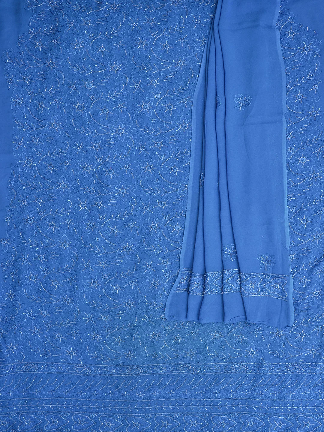 Ada Hand Embroidered Royal Blue Viscose Georgette Lucknowi Chikankari Unstitched Kurta Dupatta Set With Cutdana Work 01A446860
