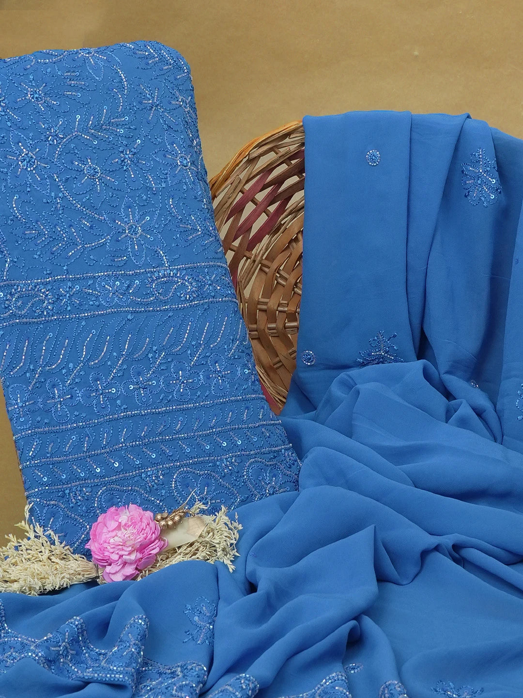 Ada Hand Embroidered Royal Blue Viscose Georgette Lucknowi Chikankari Unstitched Kurta Dupatta Set With Cutdana Work 01A446860