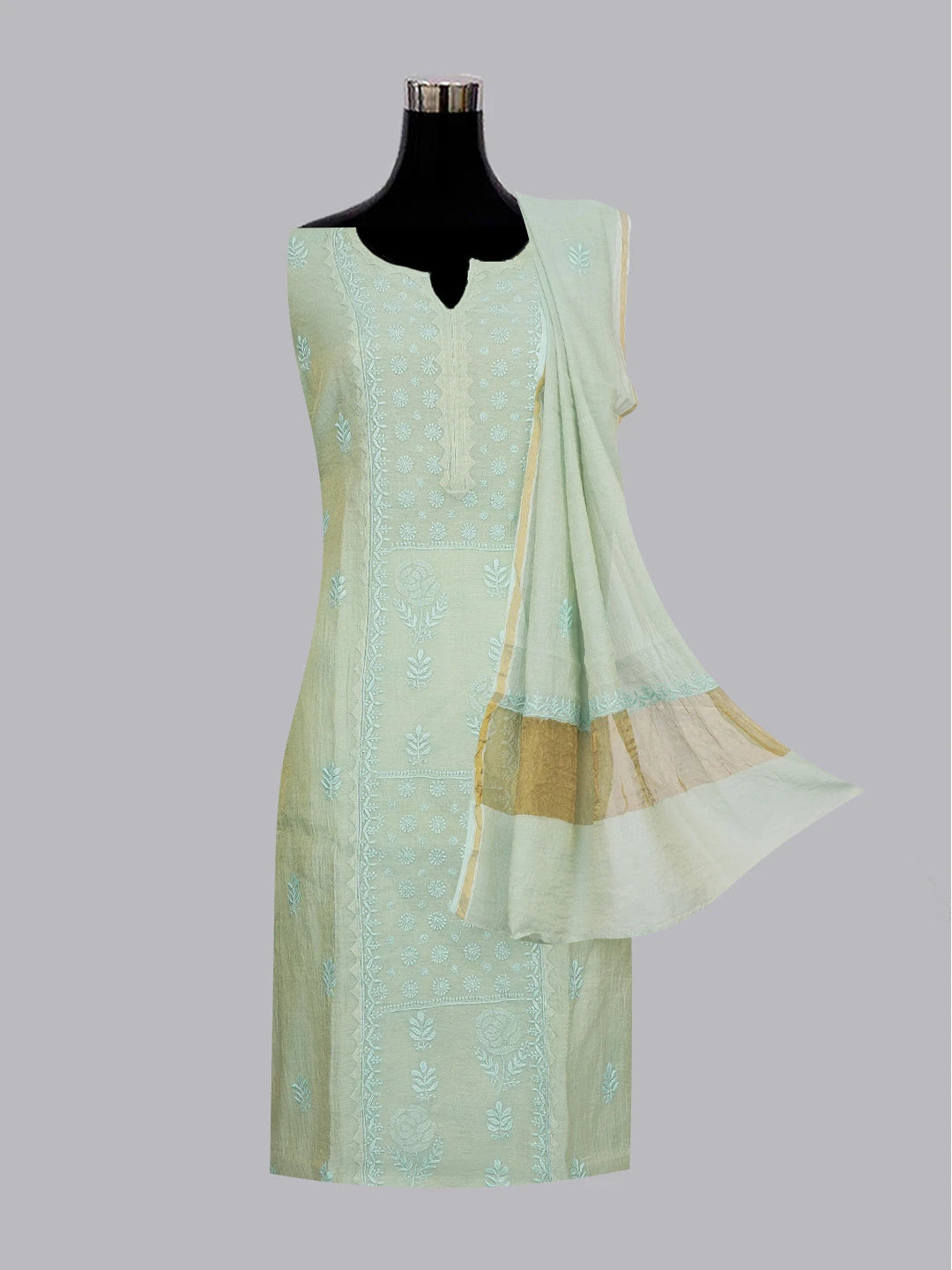 Ada Hand Embroidered Tea Green Tissue Lucknowi Chikankari Semi stitched Kurta Dupatta Set 01A623201