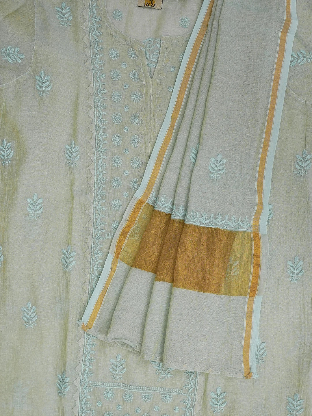 Ada Hand Embroidered Tea Green Tissue Lucknowi Chikankari Semi stitched Kurta Dupatta Set 01A623201