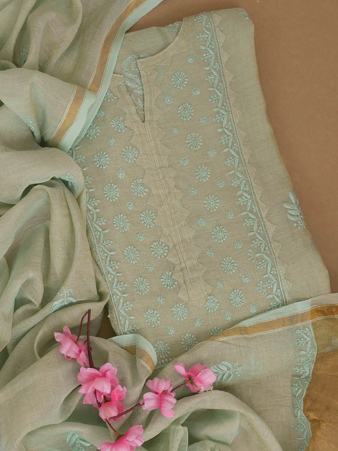 Ada Hand Embroidered Tea Green Tissue Lucknowi Chikankari Semi stitched Kurta Dupatta Set 01A623201