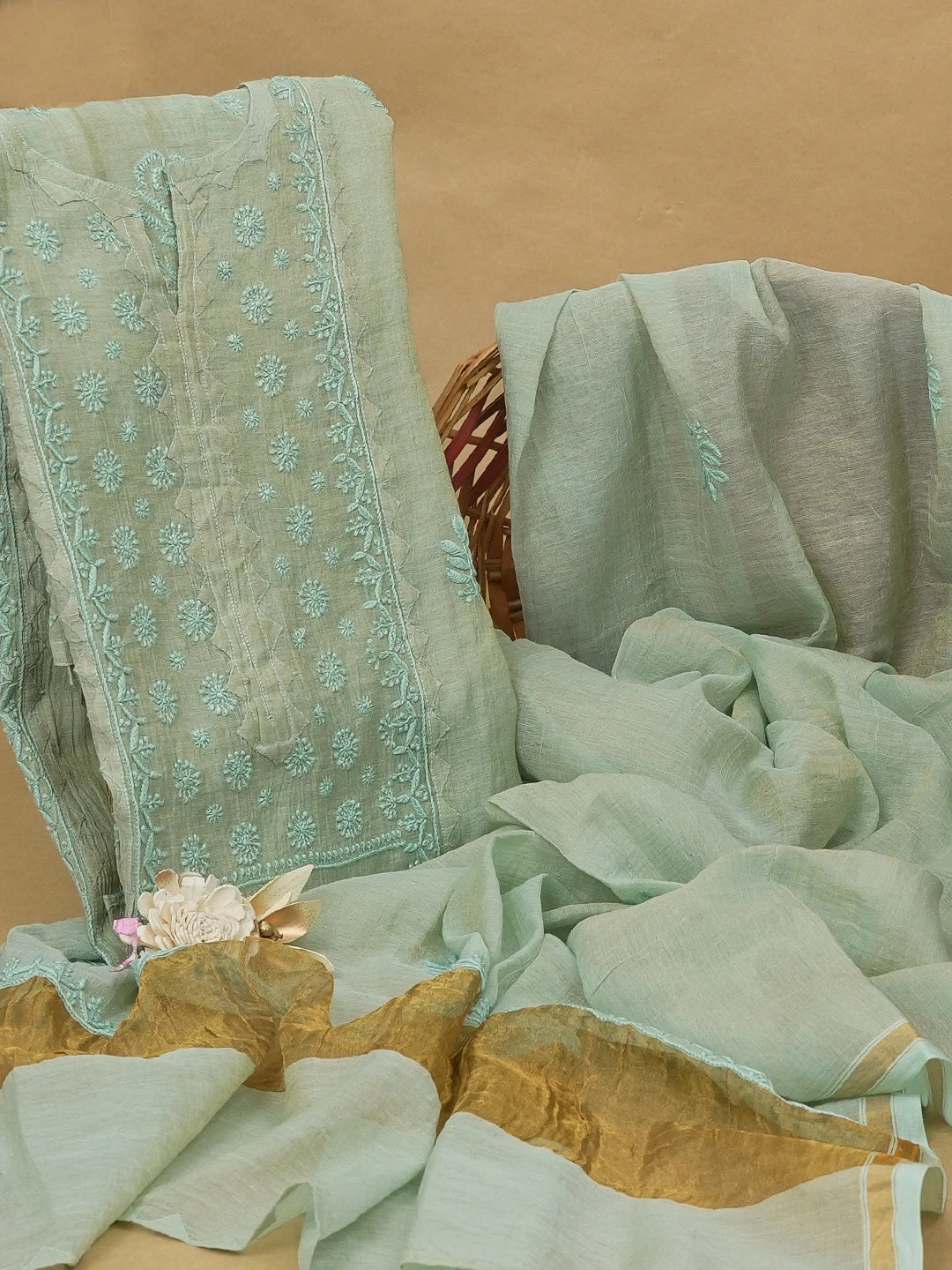 Ada Hand Embroidered Tea Green Tissue Lucknowi Chikankari Semi stitched Kurta Dupatta Set 01A623201